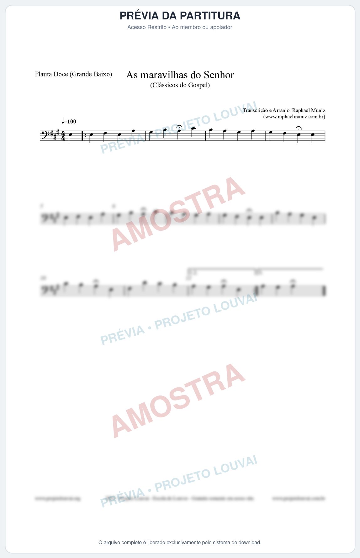 Prévia protegida da primeira página da partitura Partitura para Flauta Doce (Grande Baixo) - As maravilhas do Senhor - Salmos e Hinos nº213 - Clássicos do Gospel