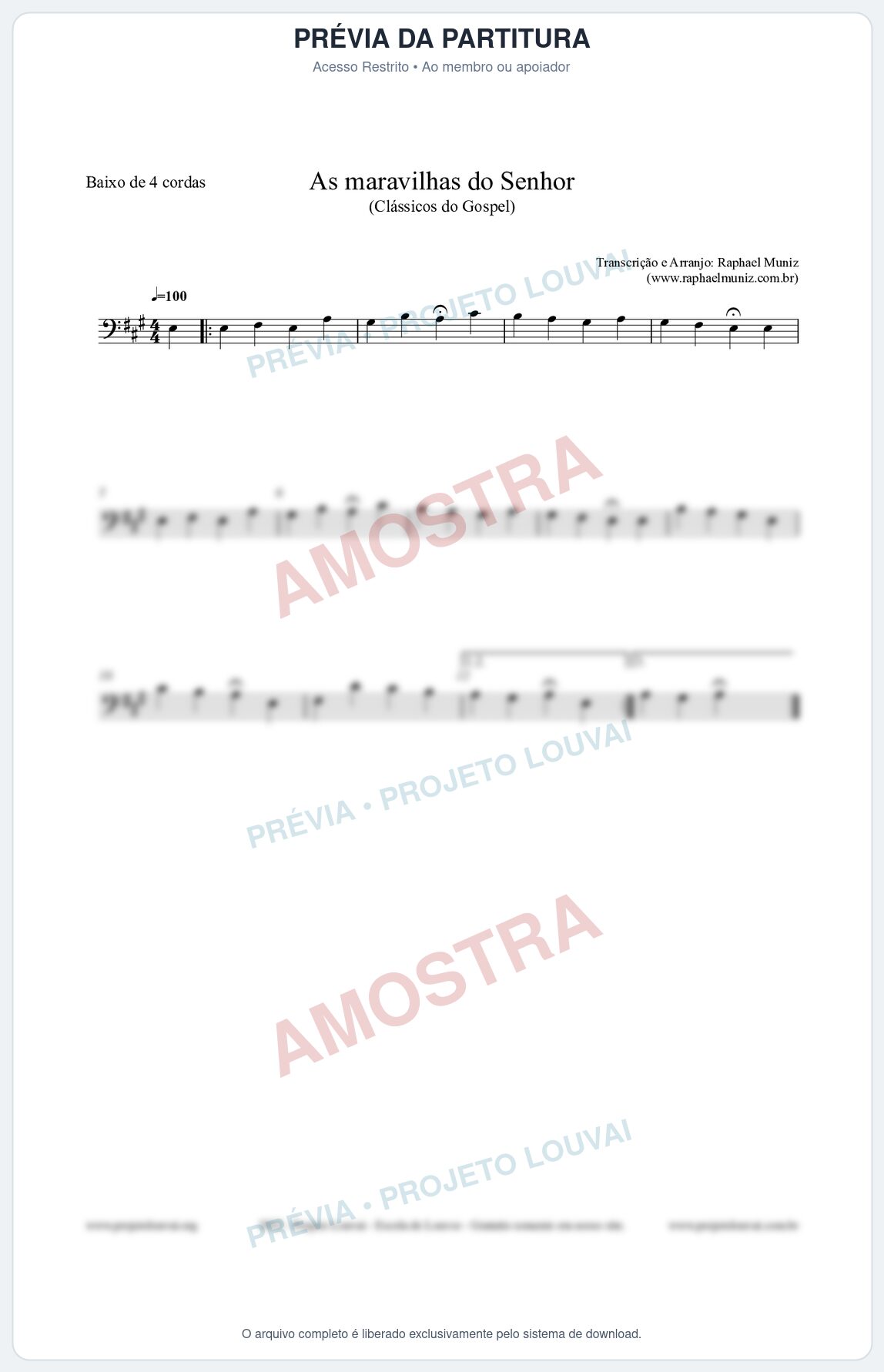 Prévia protegida da primeira página da partitura Partitura para Baixo de 4 cordas - As maravilhas do Senhor - Salmos e Hinos nº213 - Clássicos do Gospel