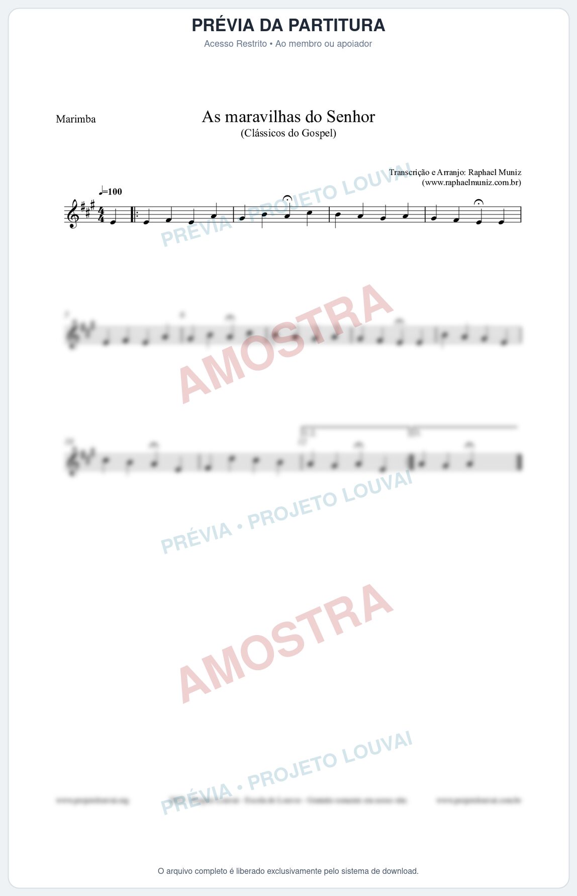 Prévia protegida da primeira página da partitura Partitura para Marimba - As maravilhas do Senhor - Salmos e Hinos nº213 - Clássicos do Gospel