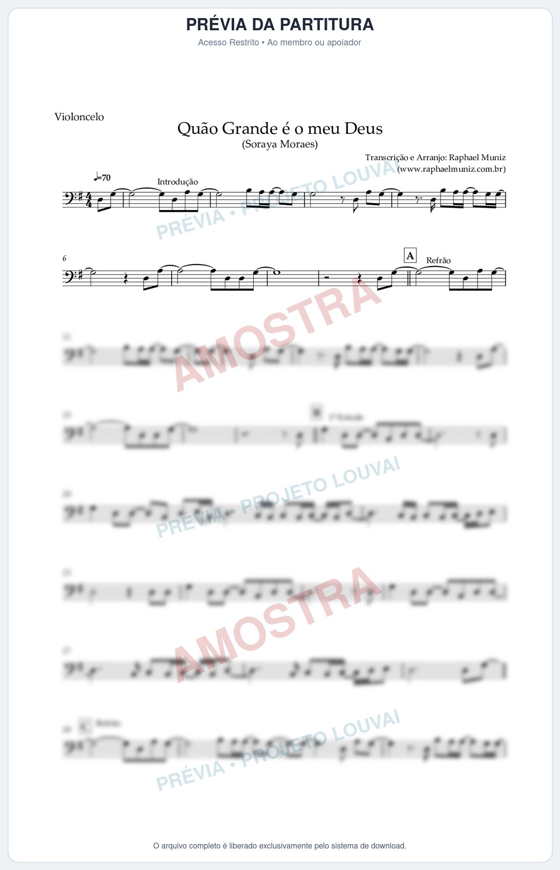 Prévia protegida da primeira página da partitura Partitura para Violoncelo - Quão Grande é o Meu Deus - Soraya Moraes