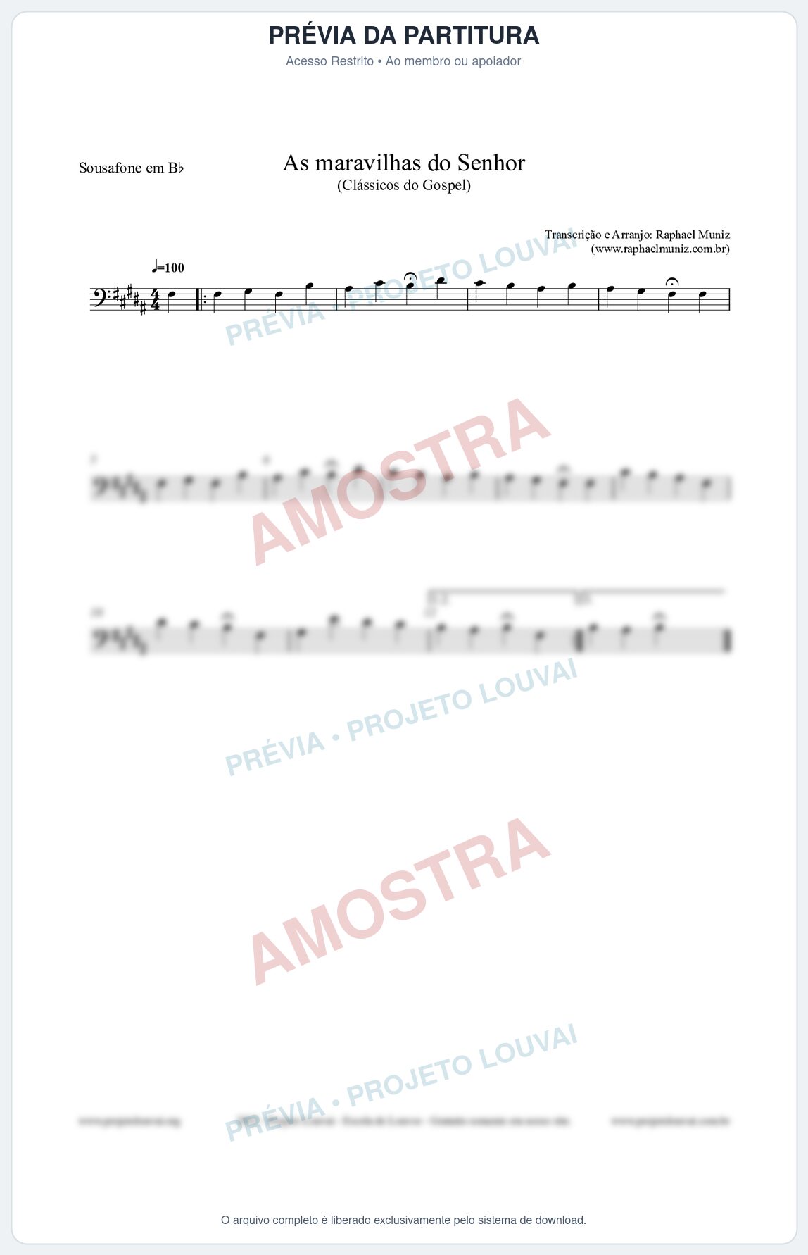 Prévia protegida da primeira página da partitura Partitura para Sousafone em Bb - As maravilhas do Senhor - Salmos e Hinos nº213 - Clássicos do Gospel