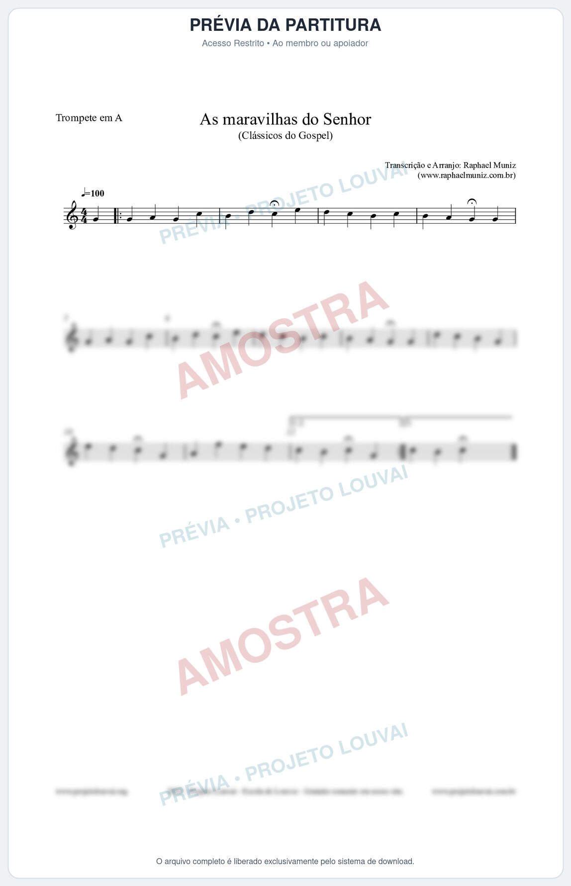 Prévia protegida da primeira página da partitura Partitura para Trompete em A - As maravilhas do Senhor - Salmos e Hinos nº213 - Clássicos do Gospel