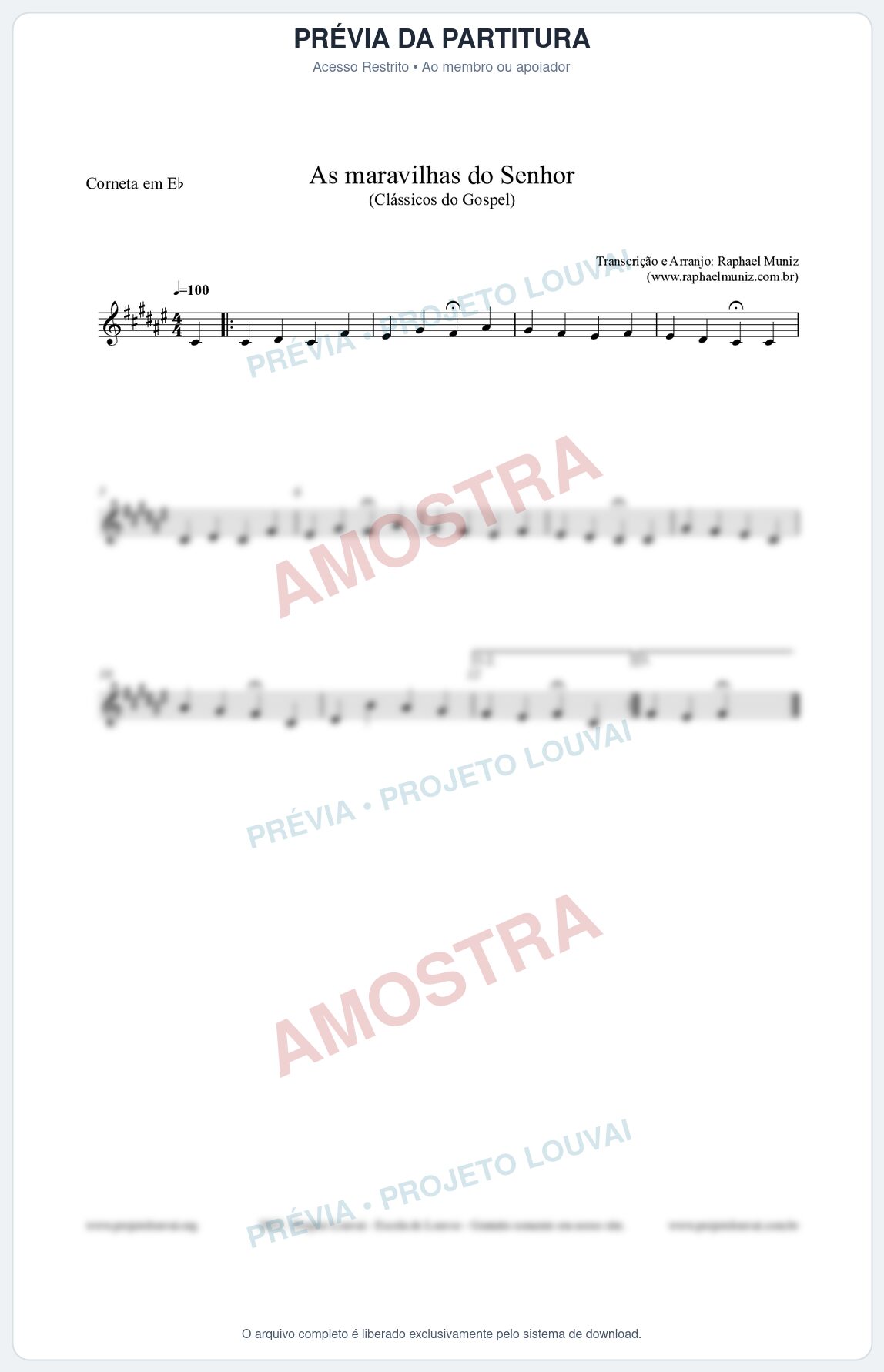 Prévia protegida da primeira página da partitura Partitura para Corneta em Eb - As maravilhas do Senhor - Salmos e Hinos nº213 - Clássicos do Gospel