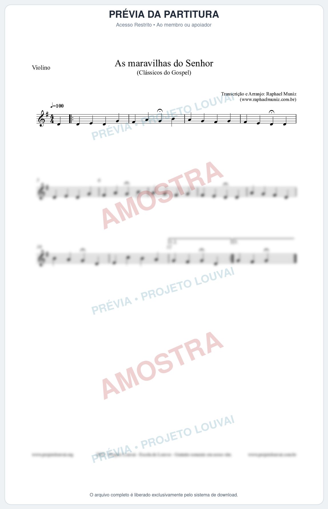 Prévia protegida da primeira página da partitura Partitura para Violino - As maravilhas do Senhor - Salmos e Hinos nº213 - Clássicos do Gospel