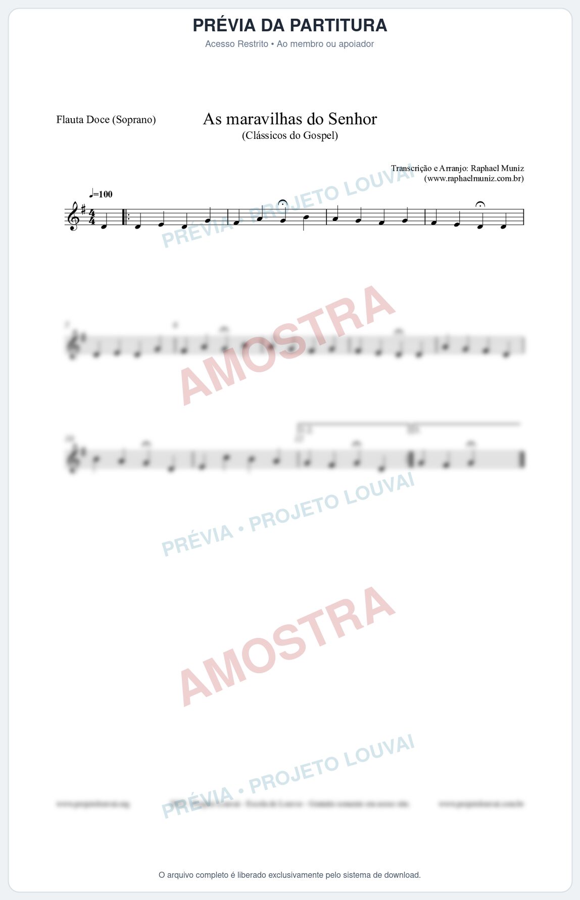 Prévia protegida da primeira página da partitura Partitura para Flauta Doce (Soprano) - As maravilhas do Senhor - Salmos e Hinos nº213 - Clássicos do Gospel