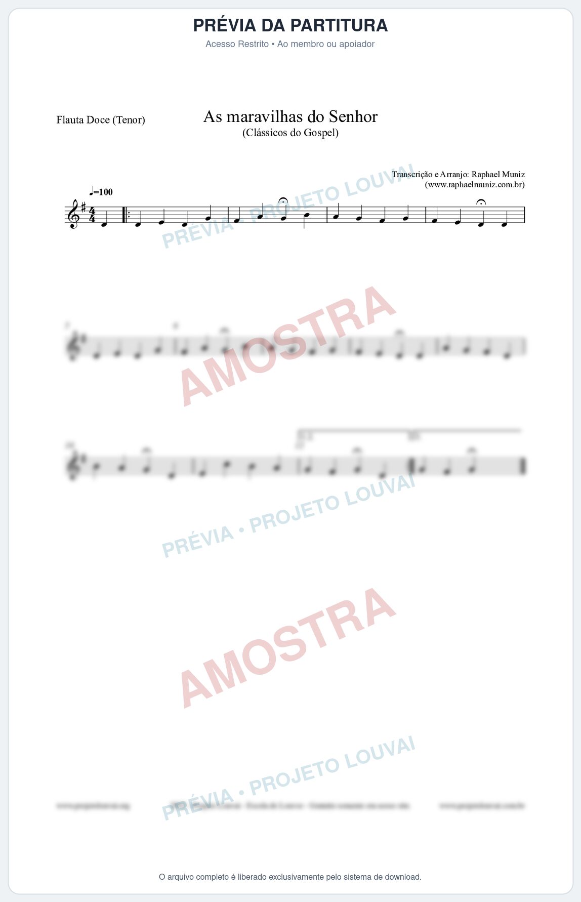 Prévia protegida da primeira página da partitura Partitura para Flauta Doce (Tenor) - As maravilhas do Senhor - Salmos e Hinos nº213 - Clássicos do Gospel