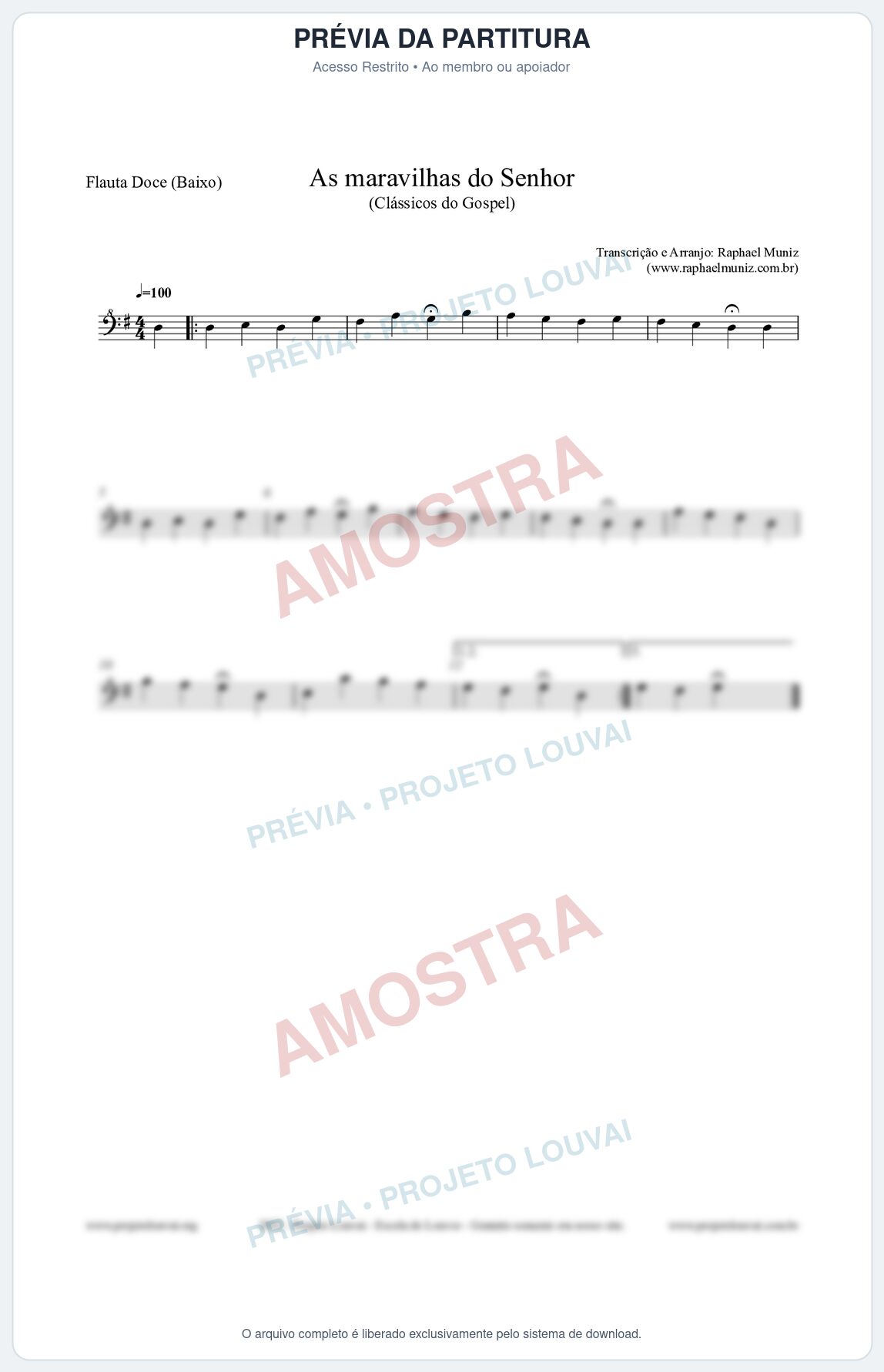 Prévia protegida da primeira página da partitura Partitura para Flauta Doce (Baixo) - As maravilhas do Senhor - Salmos e Hinos nº213 - Clássicos do Gospel