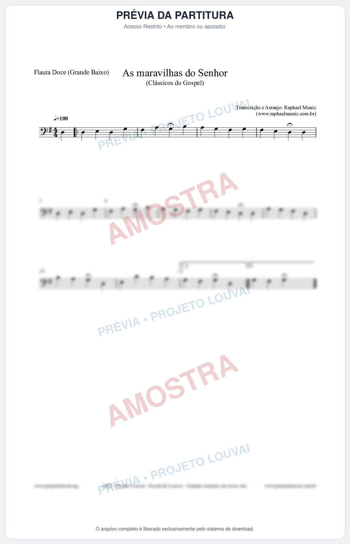 Prévia protegida da primeira página da partitura Partitura para Flauta Doce (Grande Baixo) - As maravilhas do Senhor - Salmos e Hinos nº213 - Clássicos do Gospel