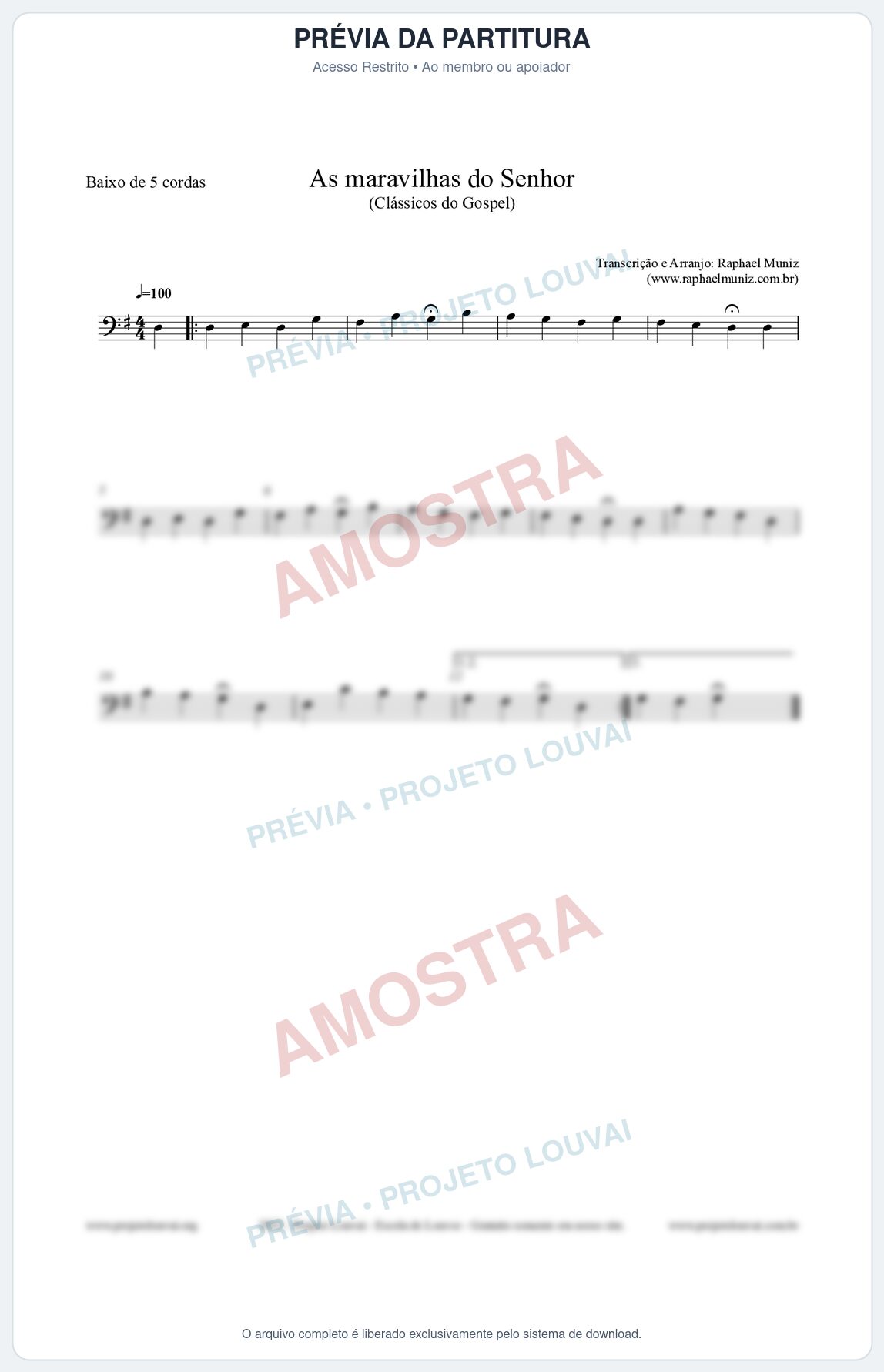 Prévia protegida da primeira página da partitura Partitura para Baixo de 5 cordas - As maravilhas do Senhor - Salmos e Hinos nº213 - Clássicos do Gospel