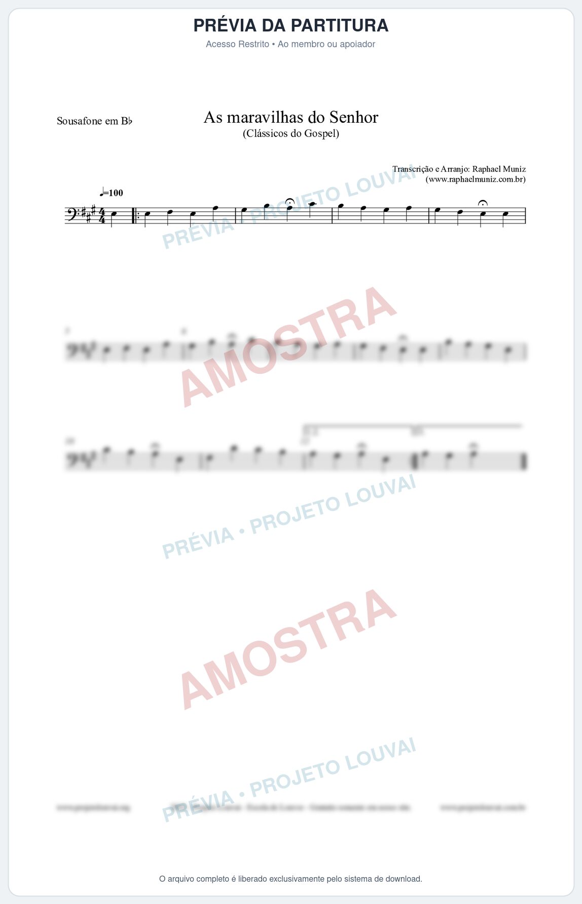 Prévia protegida da primeira página da partitura Partitura para Sousafone em Bb - As maravilhas do Senhor - Salmos e Hinos nº213 - Clássicos do Gospel