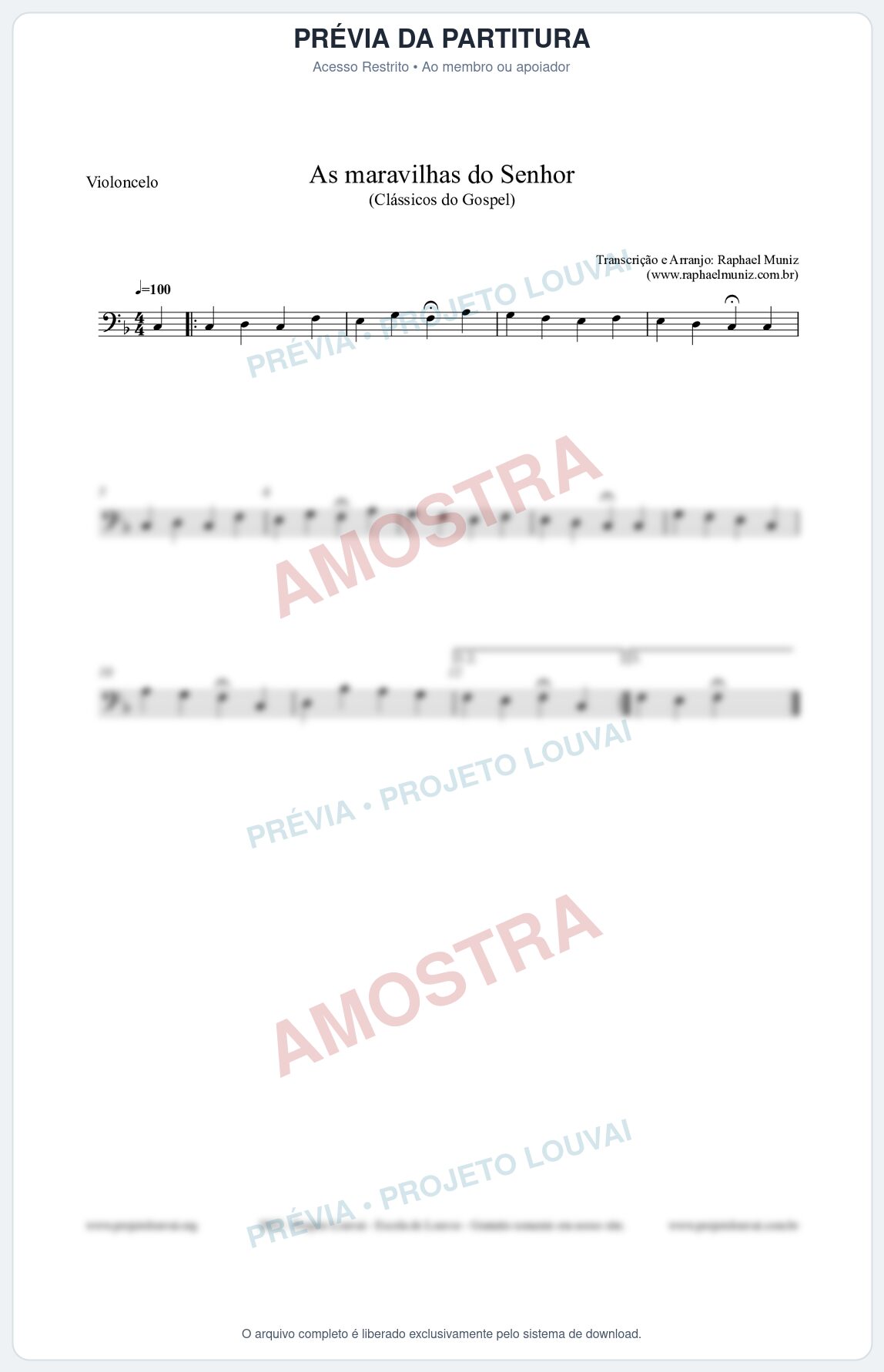 Prévia protegida da primeira página da partitura Partitura para Violoncelo - As maravilhas do Senhor - Salmos e Hinos nº213 - Clássicos do Gospel