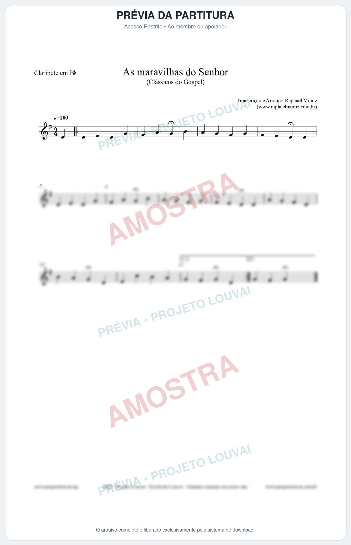 Prévia protegida da primeira página da partitura Partitura para Clarinete em Bb - As maravilhas do Senhor - Salmos e Hinos nº213 - Clássicos do Gospel