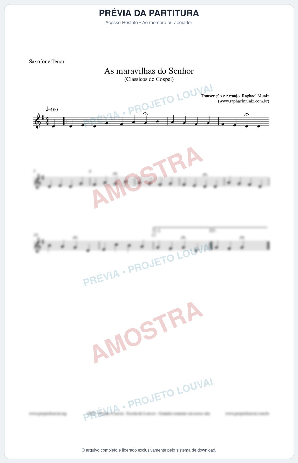 Prévia protegida da primeira página da partitura Partitura para Saxofone Tenor - As maravilhas do Senhor - Salmos e Hinos nº213 - Clássicos do Gospel