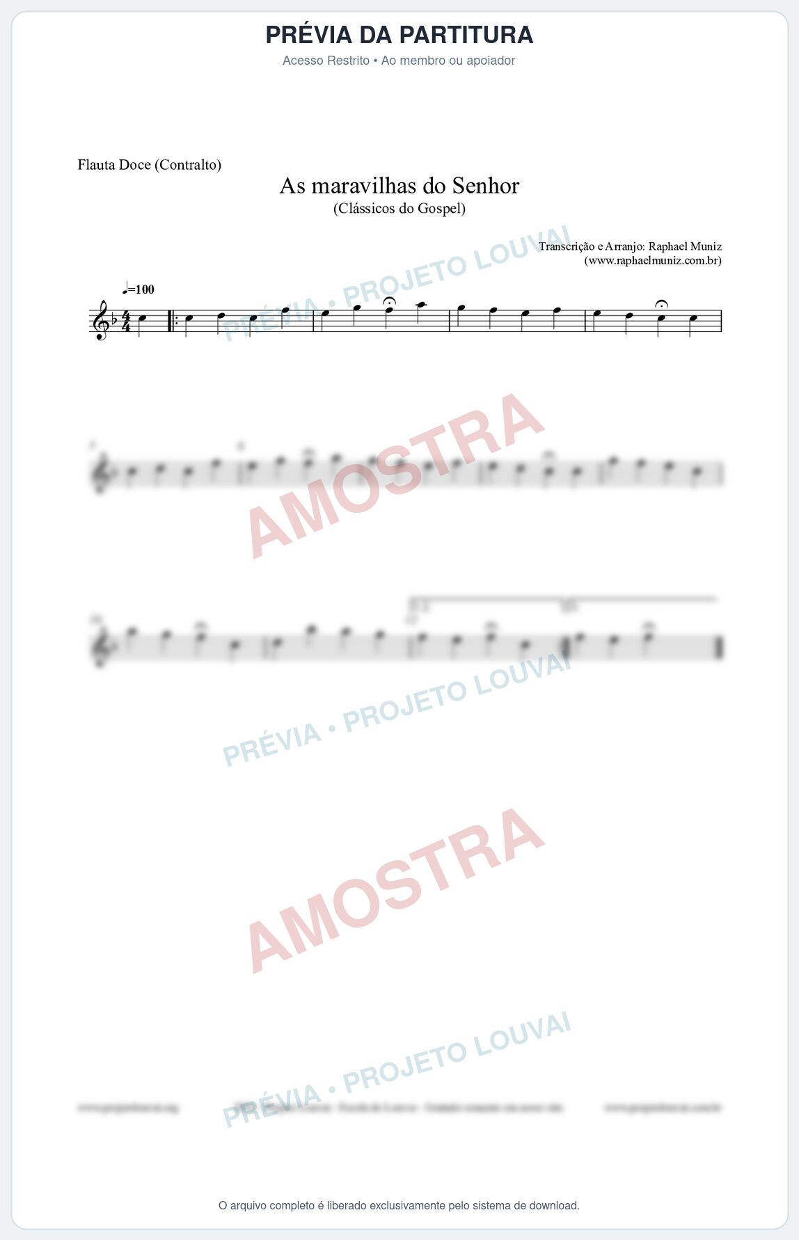 Prévia protegida da primeira página da partitura Partitura para Flauta Doce (Contralto) - As maravilhas do Senhor - Salmos e Hinos nº213 - Clássicos do Gospel