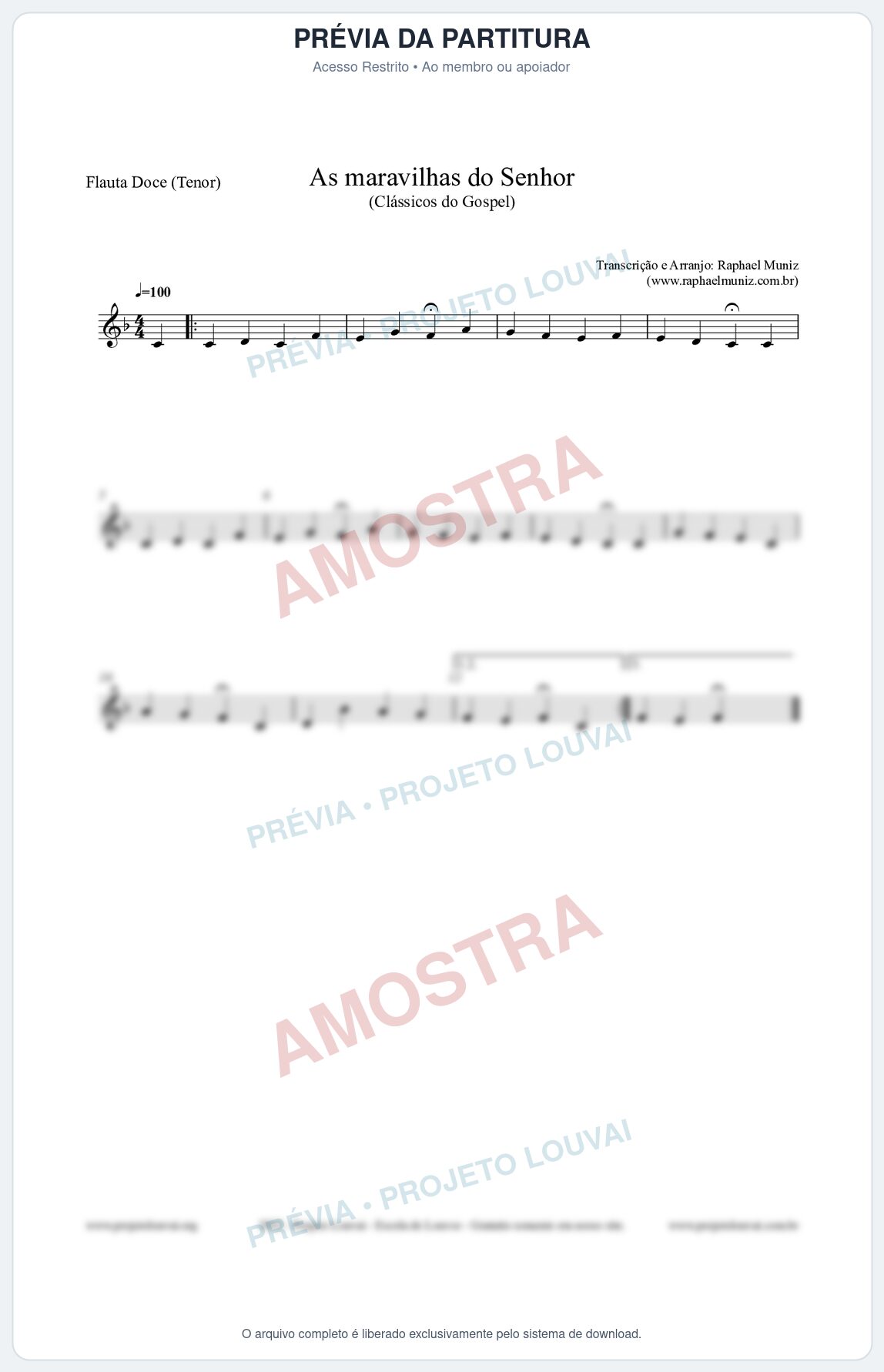 Prévia protegida da primeira página da partitura Partitura para Flauta Doce (Tenor) - As maravilhas do Senhor - Salmos e Hinos nº213 - Clássicos do Gospel