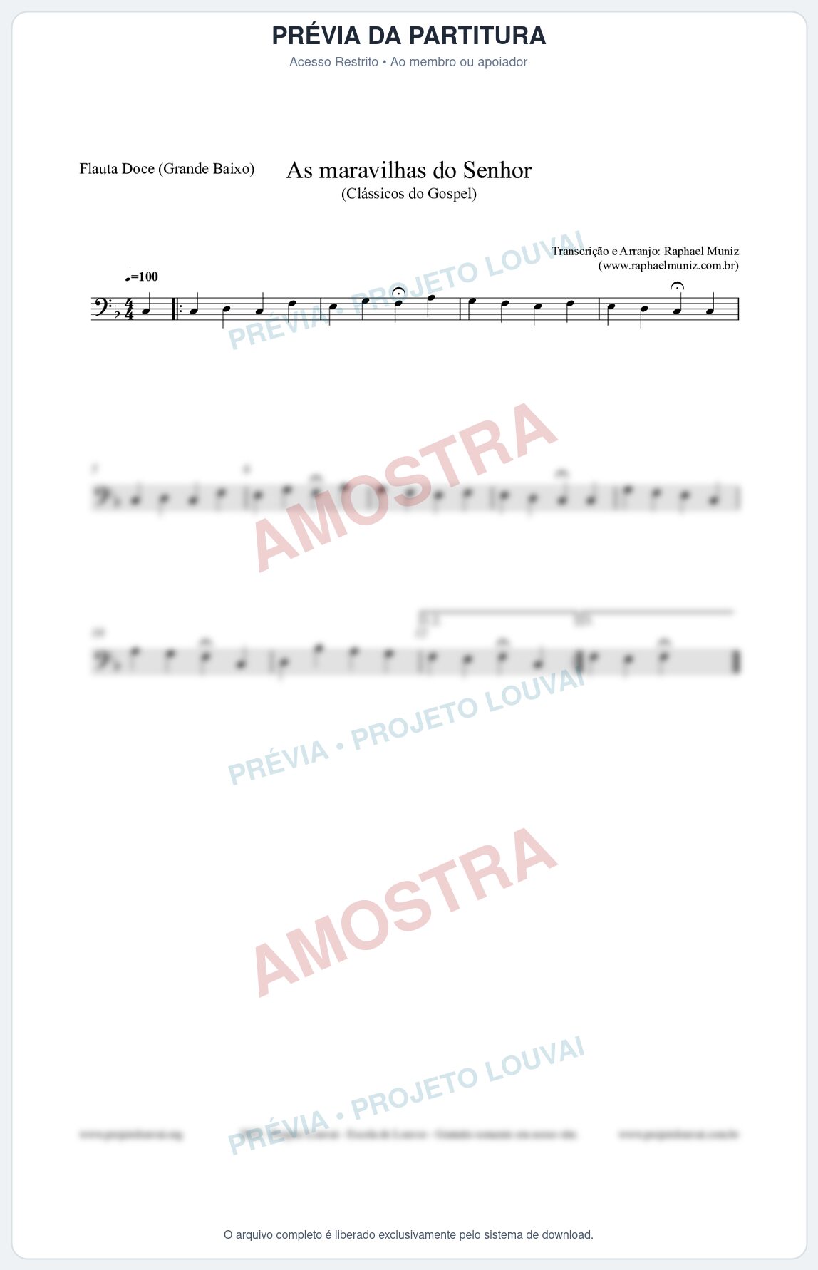 Prévia protegida da primeira página da partitura Partitura para Flauta Doce (Grande Baixo) - As maravilhas do Senhor - Salmos e Hinos nº213 - Clássicos do Gospel