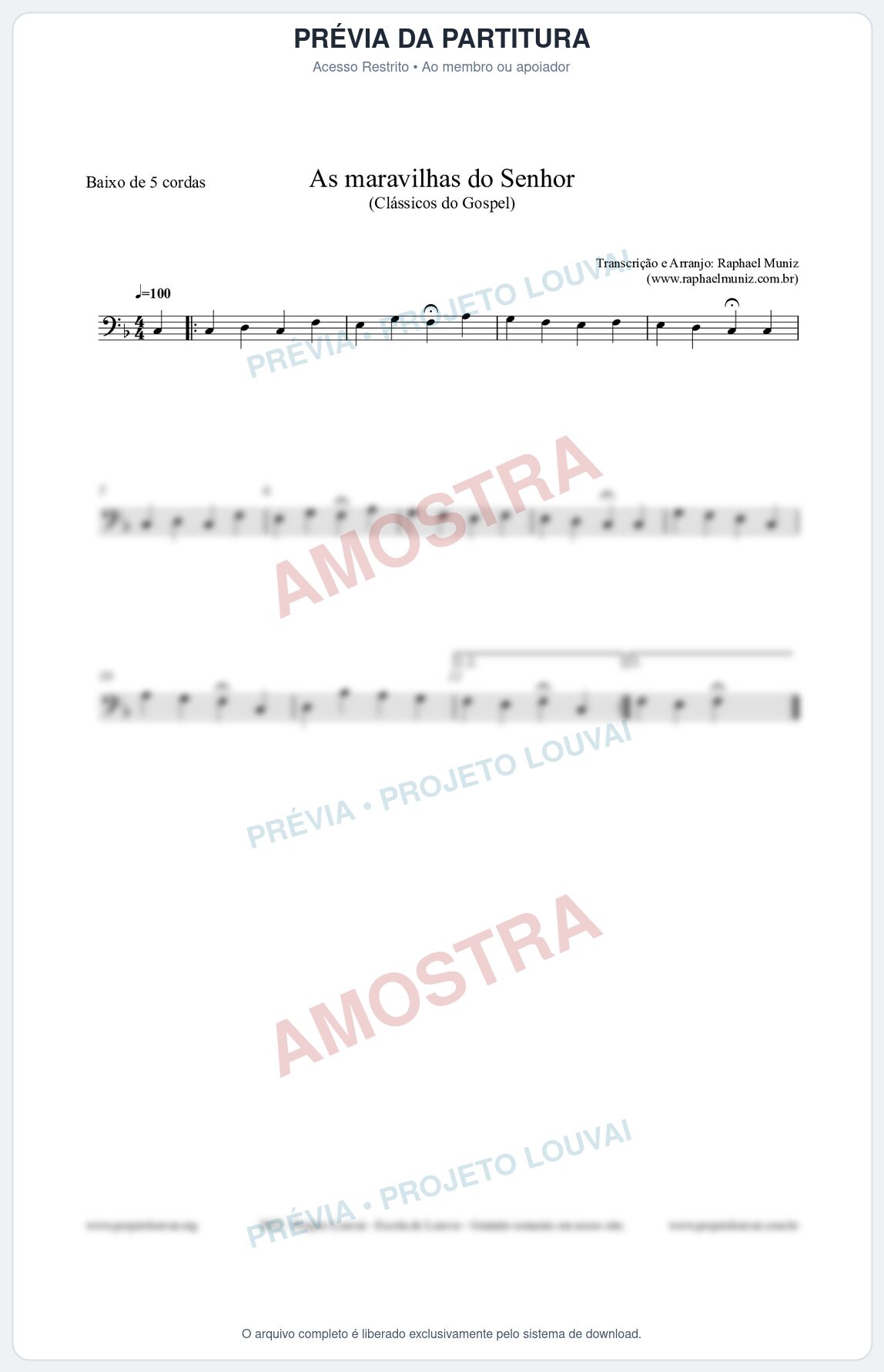 Prévia protegida da primeira página da partitura Partitura para Baixo de 5 cordas - As maravilhas do Senhor - Salmos e Hinos nº213 - Clássicos do Gospel