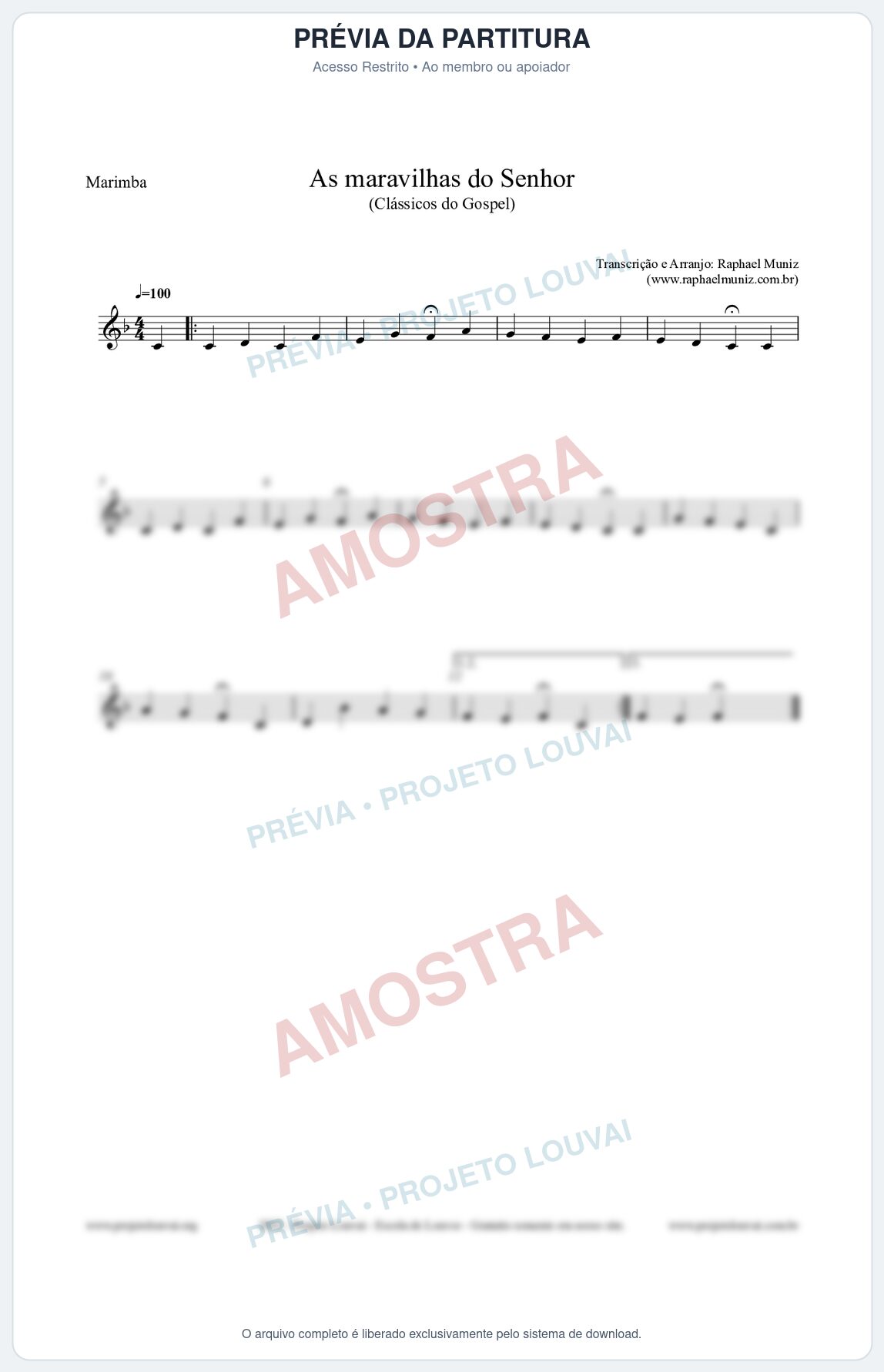 Prévia protegida da primeira página da partitura Partitura para Marimba - As maravilhas do Senhor - Salmos e Hinos nº213 - Clássicos do Gospel