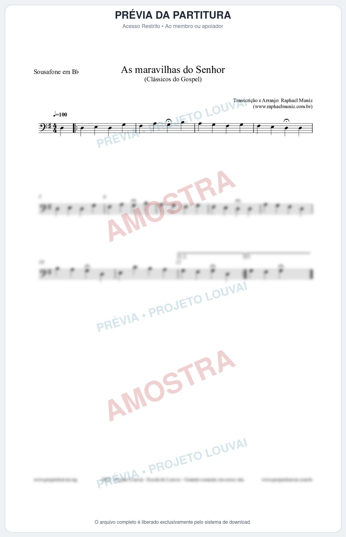 Prévia protegida da primeira página da partitura Partitura para Sousafone em Bb - As maravilhas do Senhor - Salmos e Hinos nº213 - Clássicos do Gospel