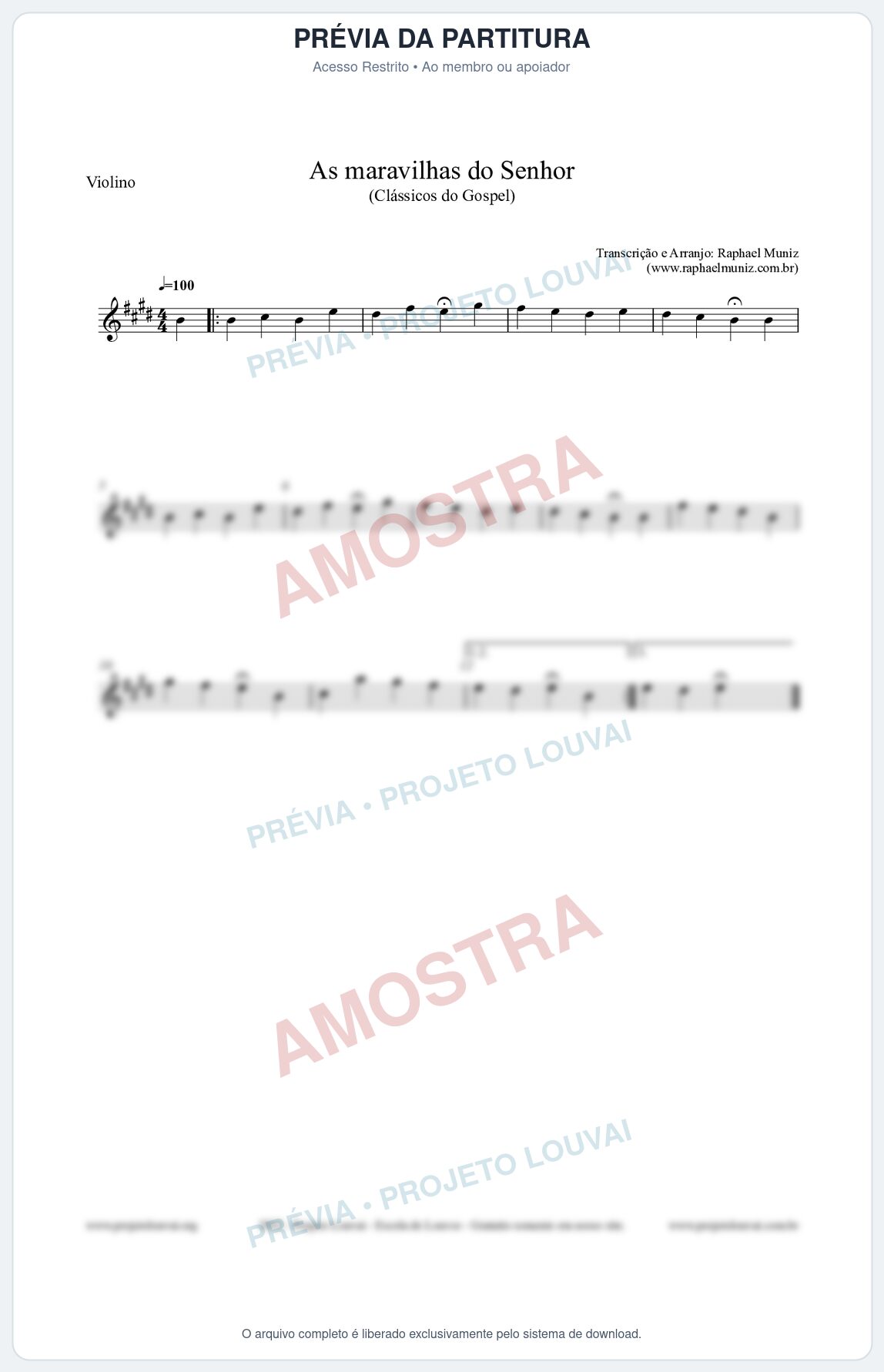 Prévia protegida da primeira página da partitura Partitura para Violino - As maravilhas do Senhor - Salmos e Hinos nº213 - Clássicos do Gospel