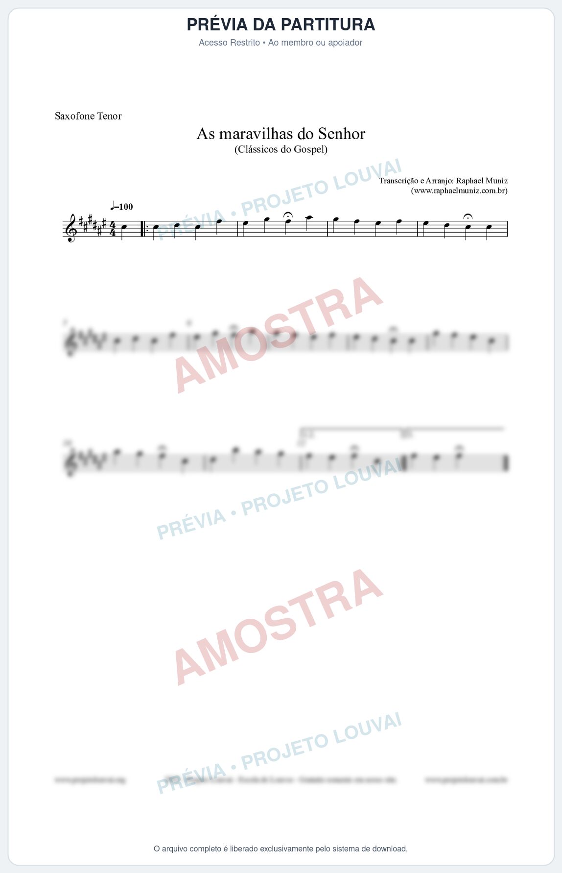 Prévia protegida da primeira página da partitura Partitura para Saxofone Tenor - As maravilhas do Senhor - Salmos e Hinos nº213 - Clássicos do Gospel