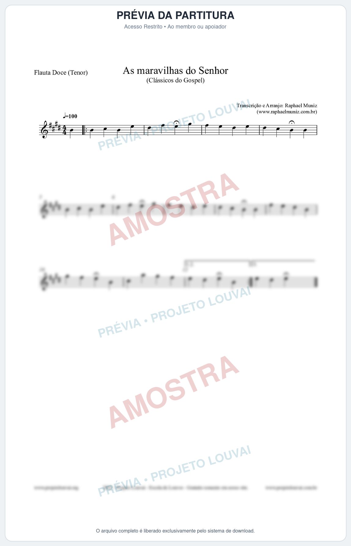 Prévia protegida da primeira página da partitura Partitura para Flauta Doce (Tenor) - As maravilhas do Senhor - Salmos e Hinos nº213 - Clássicos do Gospel