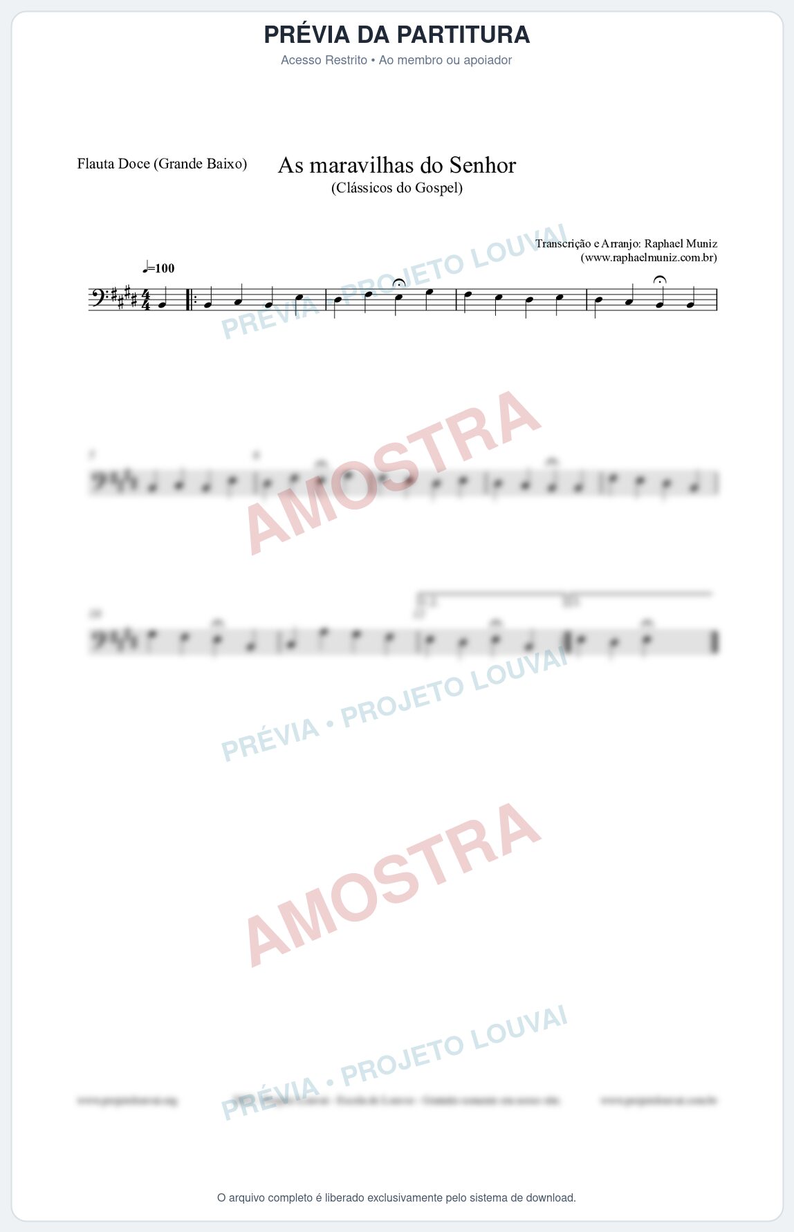 Prévia protegida da primeira página da partitura Partitura para Flauta Doce (Grande Baixo) - As maravilhas do Senhor - Salmos e Hinos nº213 - Clássicos do Gospel