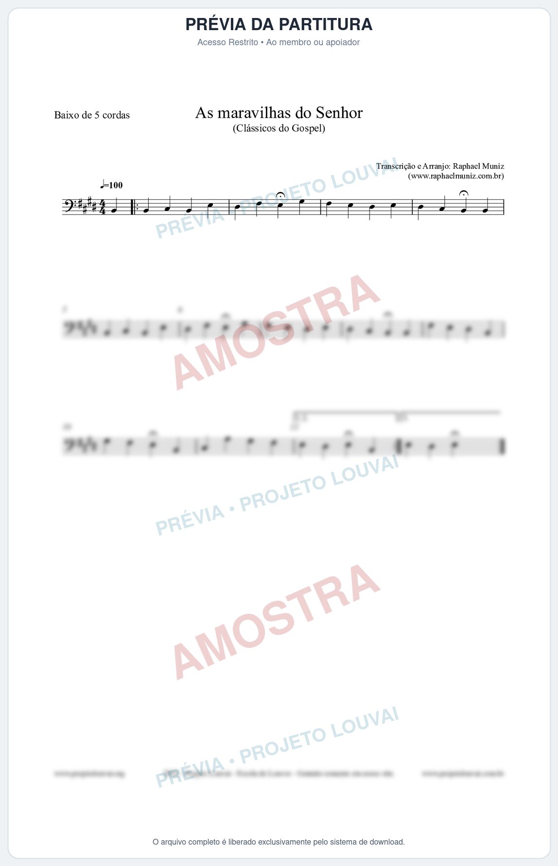 Prévia protegida da primeira página da partitura Partitura para Baixo de 5 cordas - As maravilhas do Senhor - Salmos e Hinos nº213 - Clássicos do Gospel