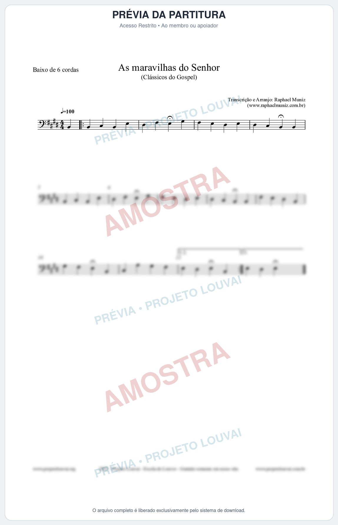 Prévia protegida da primeira página da partitura Partitura para Baixo de 6 cordas - As maravilhas do Senhor - Salmos e Hinos nº213 - Clássicos do Gospel