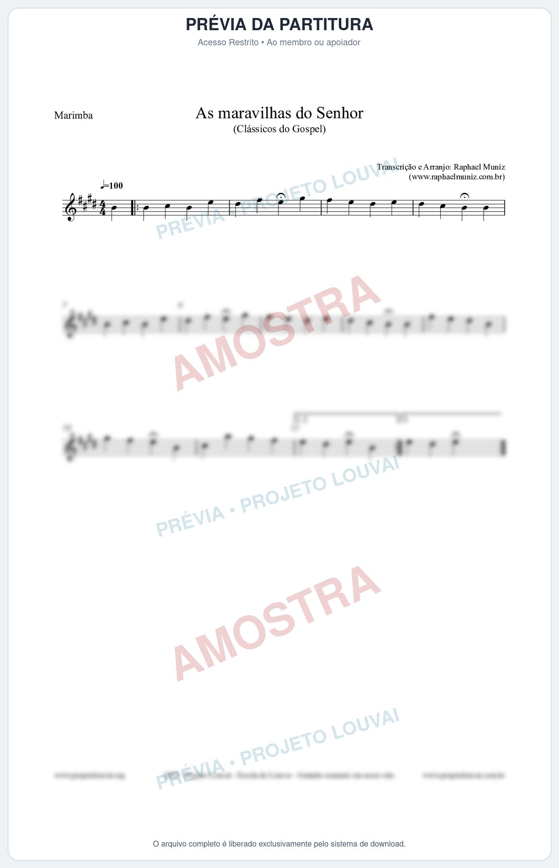 Prévia protegida da primeira página da partitura Partitura para Marimba - As maravilhas do Senhor - Salmos e Hinos nº213 - Clássicos do Gospel
