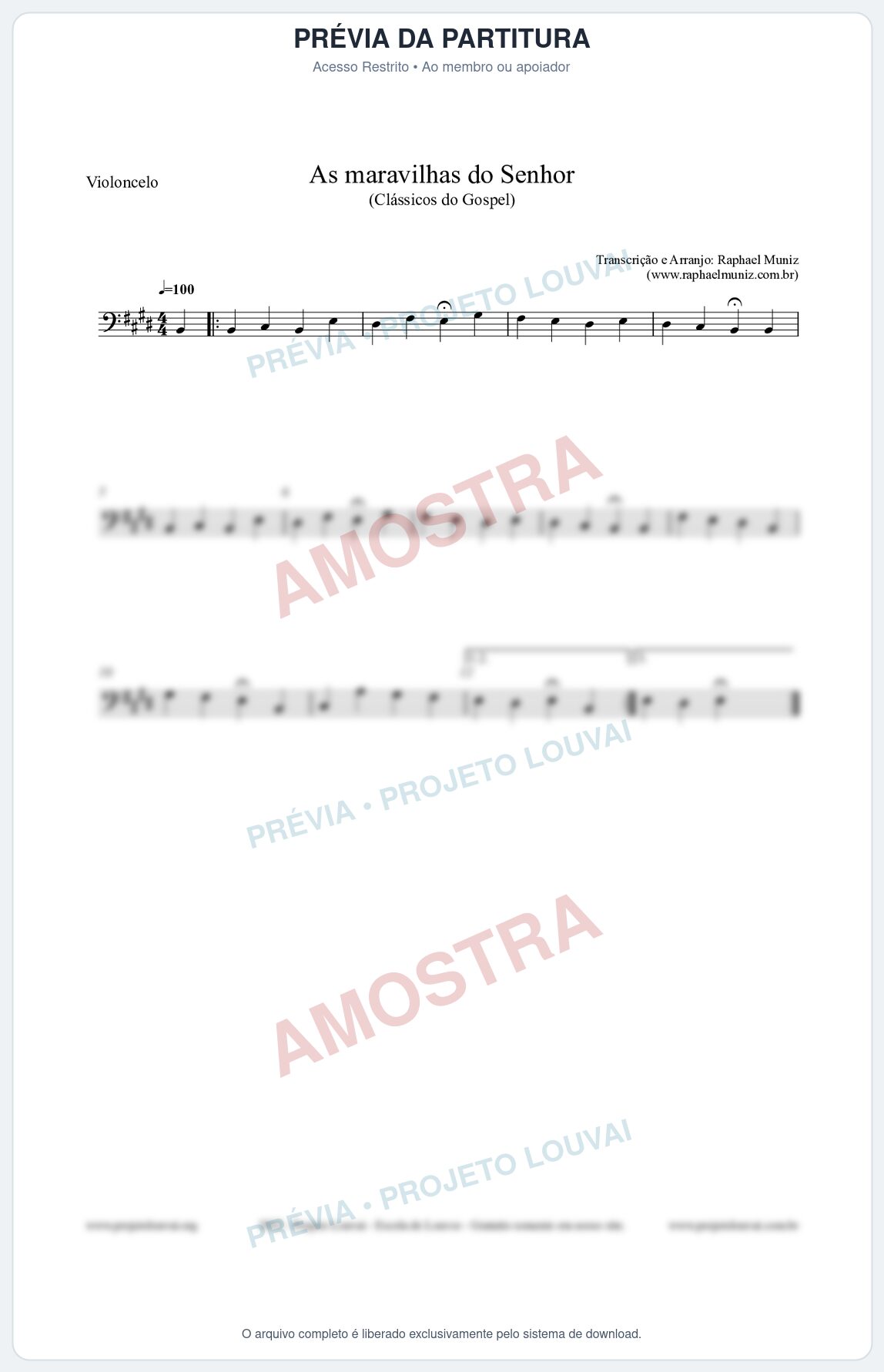 Prévia protegida da primeira página da partitura Partitura para Violoncelo - As maravilhas do Senhor - Salmos e Hinos nº213 - Clássicos do Gospel
