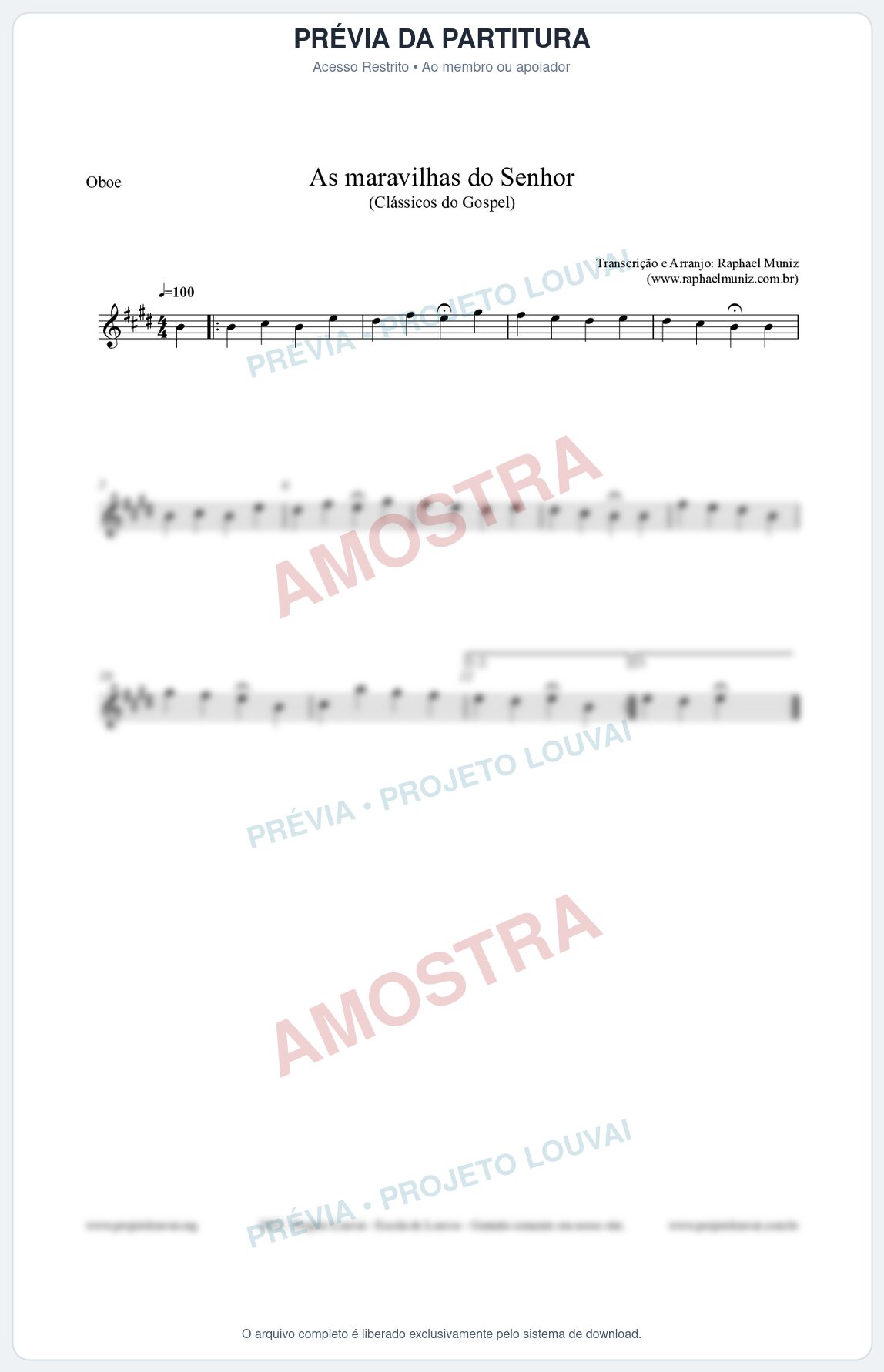 Prévia protegida da primeira página da partitura Partitura para Oboé - As maravilhas do Senhor - Salmos e Hinos nº213 - Clássicos do Gospel