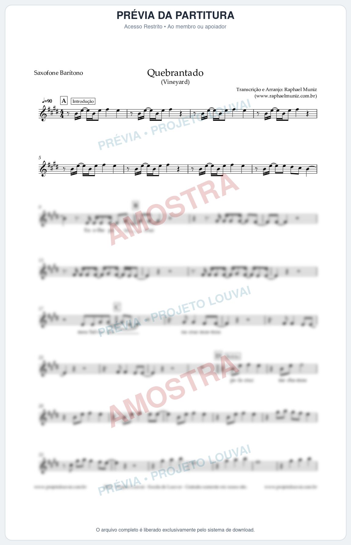 Prévia protegida da primeira página da partitura Partitura para Saxofone Barítono - Quebrantado - Vineyard
