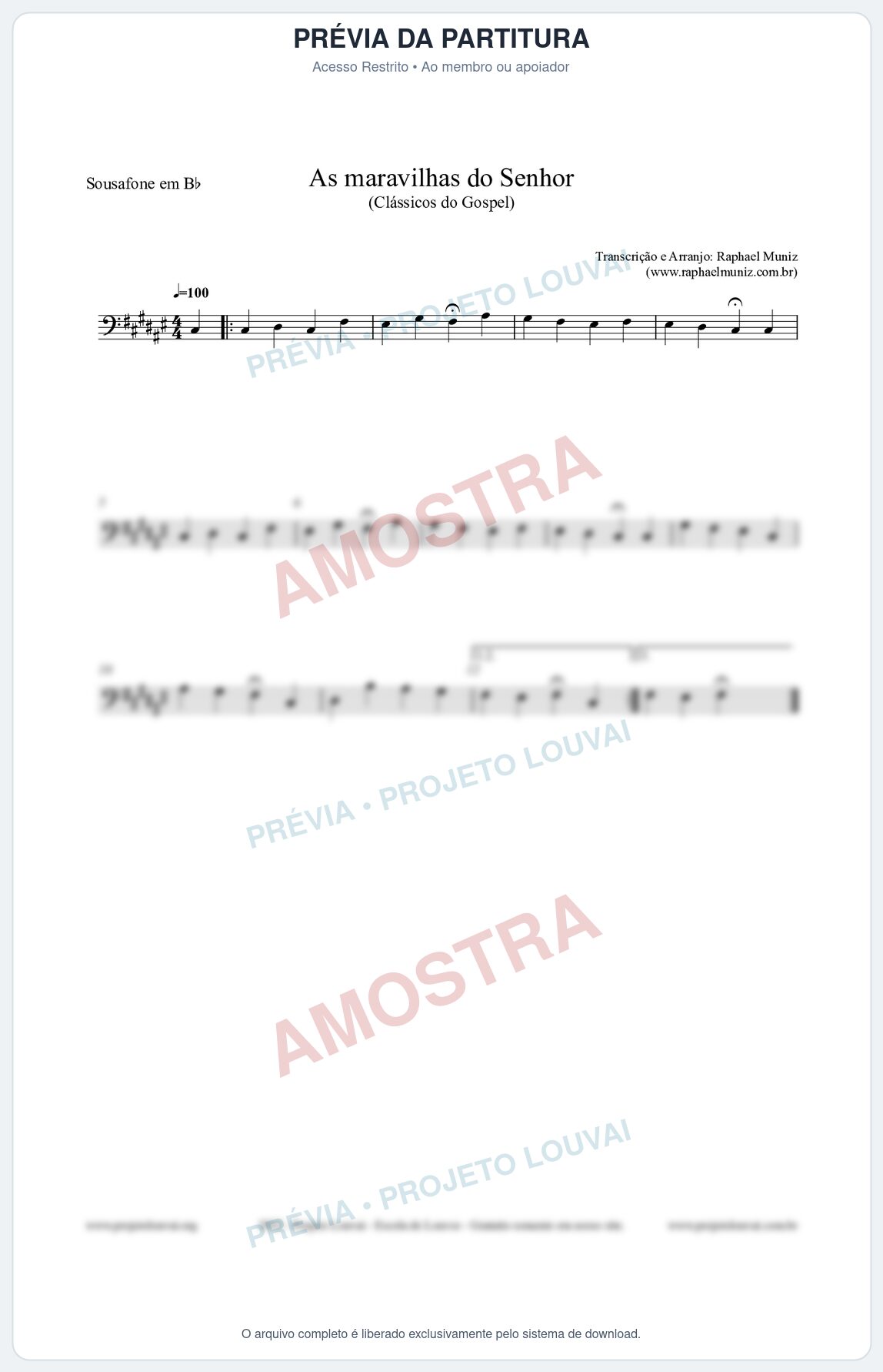 Prévia protegida da primeira página da partitura Partitura para Sousafone em Bb - As maravilhas do Senhor - Salmos e Hinos nº213 - Clássicos do Gospel