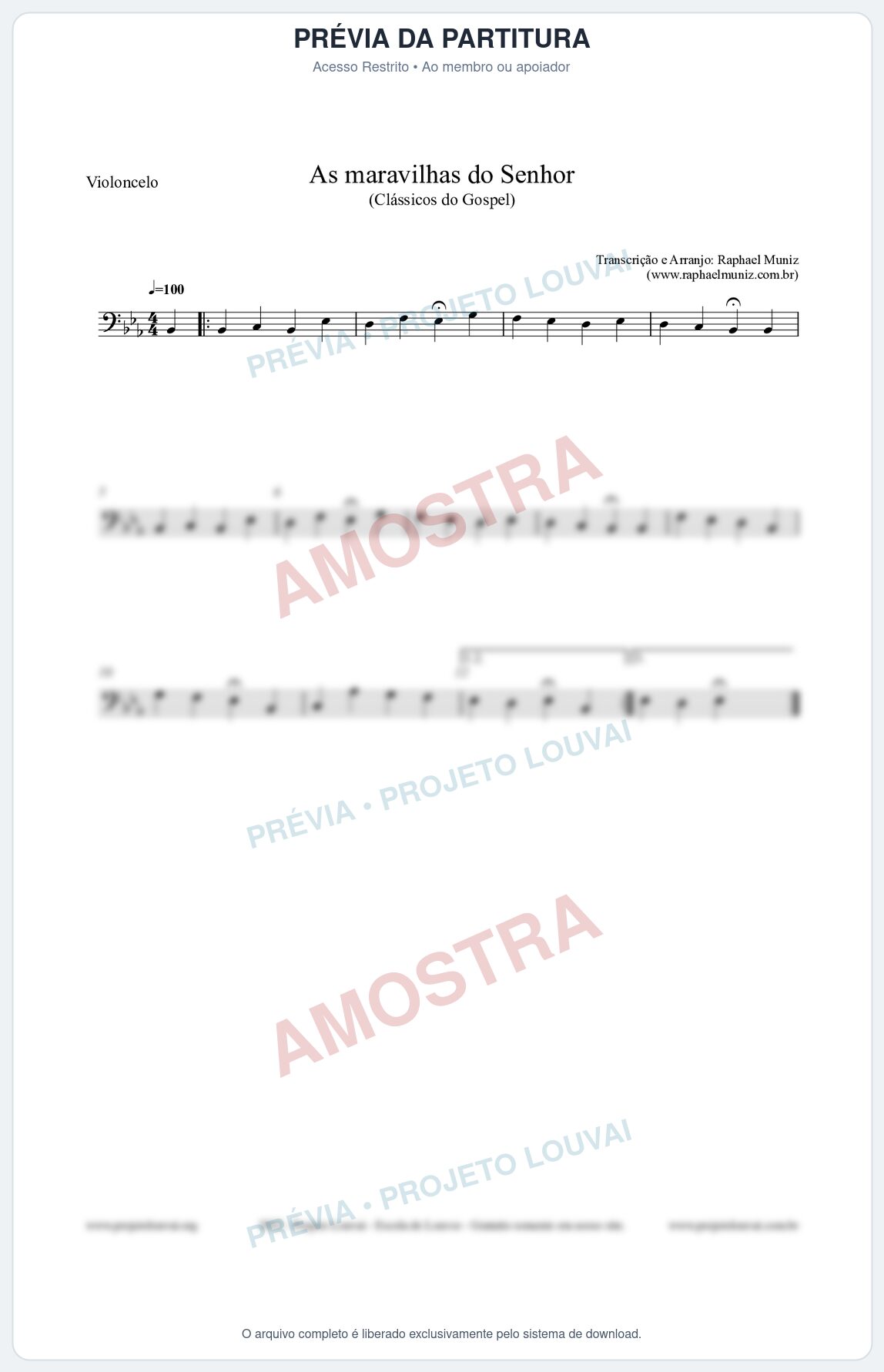 Prévia protegida da primeira página da partitura Partitura para Violoncelo - As maravilhas do Senhor - Salmos e Hinos nº213 - Clássicos do Gospel