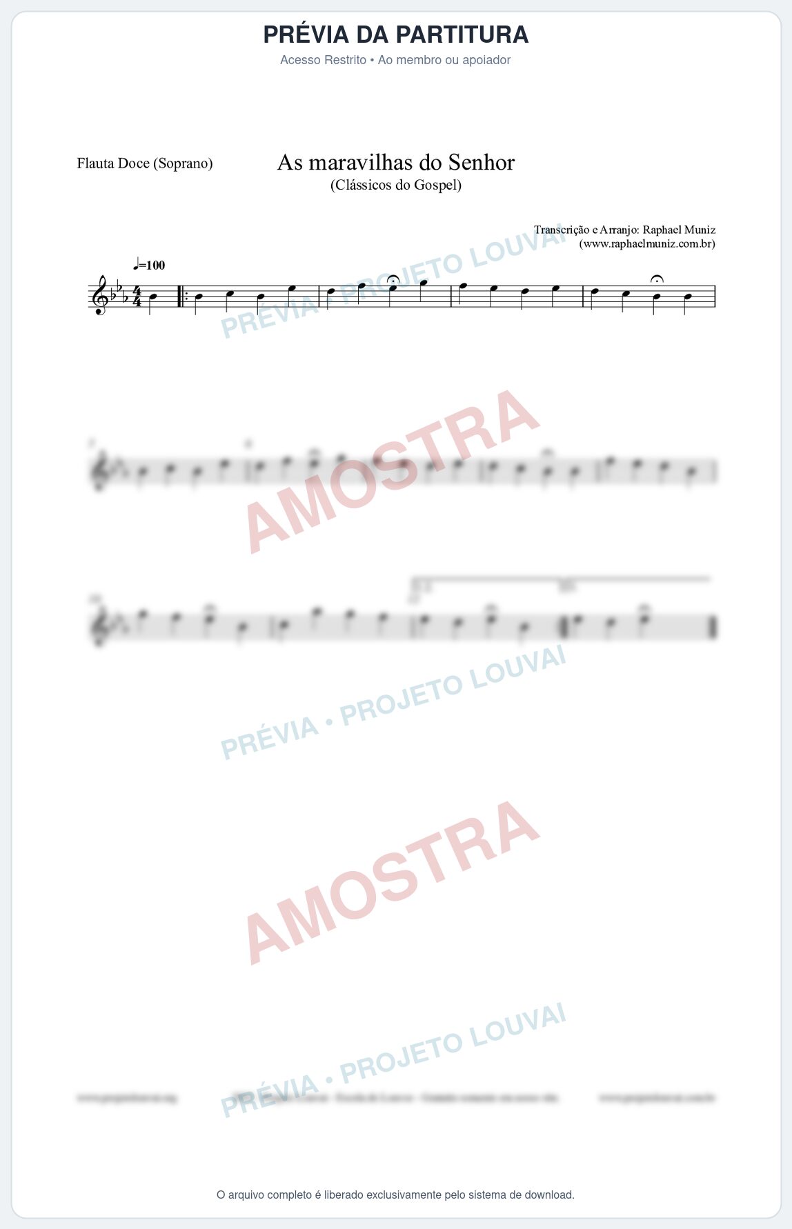 Prévia protegida da primeira página da partitura Partitura para Flauta Doce (Soprano) - As maravilhas do Senhor - Salmos e Hinos nº213 - Clássicos do Gospel