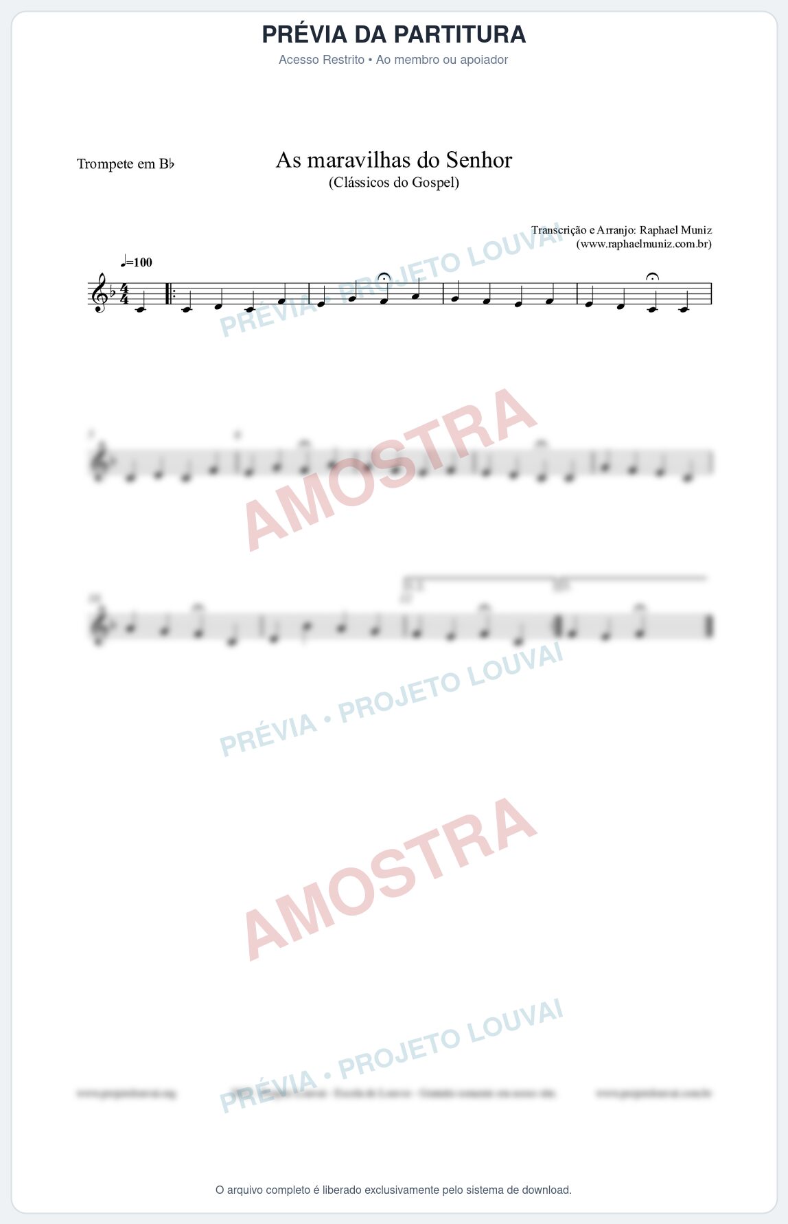 Prévia protegida da primeira página da partitura Partitura para Trompete em Bb - As maravilhas do Senhor - Salmos e Hinos nº213 - Clássicos do Gospel