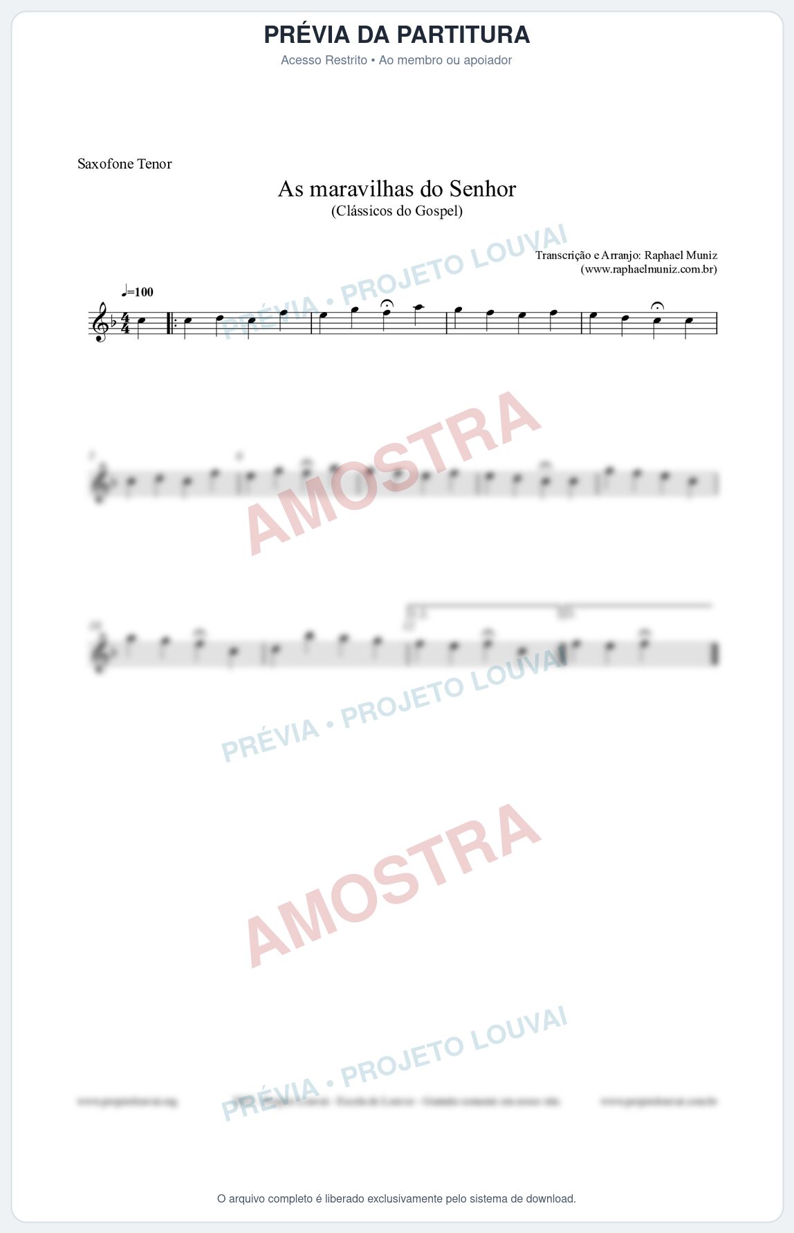Prévia protegida da primeira página da partitura Partitura para Saxofone Tenor - As maravilhas do Senhor - Salmos e Hinos nº213 - Clássicos do Gospel