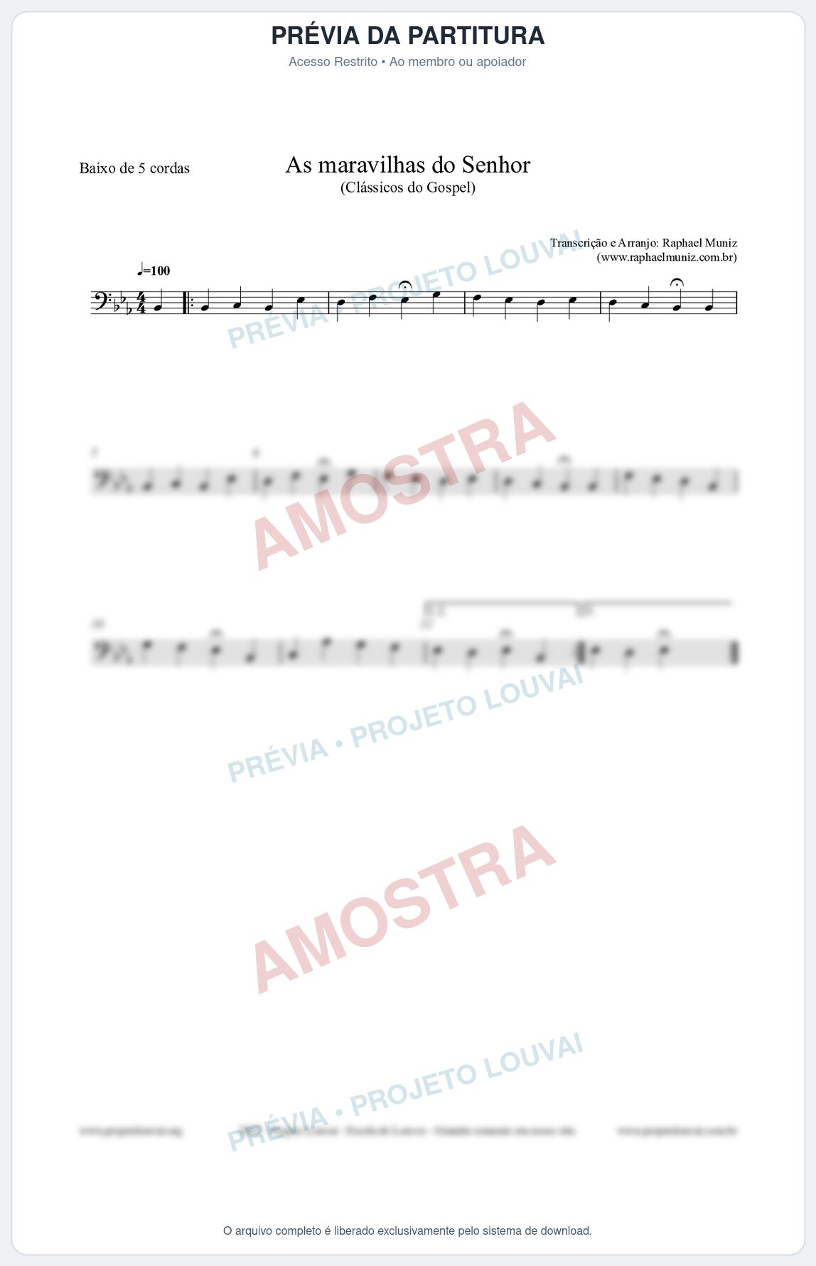 Prévia protegida da primeira página da partitura Partitura para Baixo de 5 cordas - As maravilhas do Senhor - Salmos e Hinos nº213 - Clássicos do Gospel