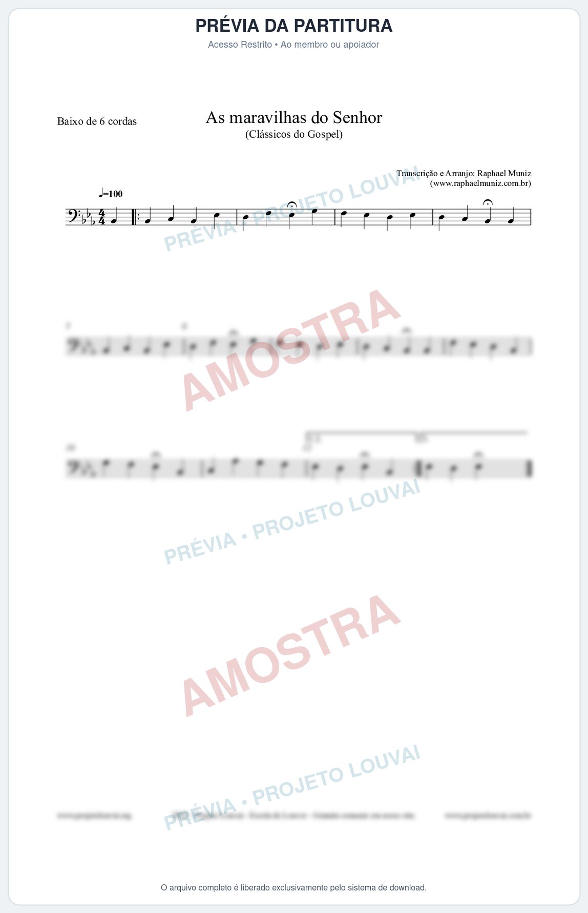 Prévia protegida da primeira página da partitura Partitura para Baixo de 6 cordas - As maravilhas do Senhor - Salmos e Hinos nº213 - Clássicos do Gospel