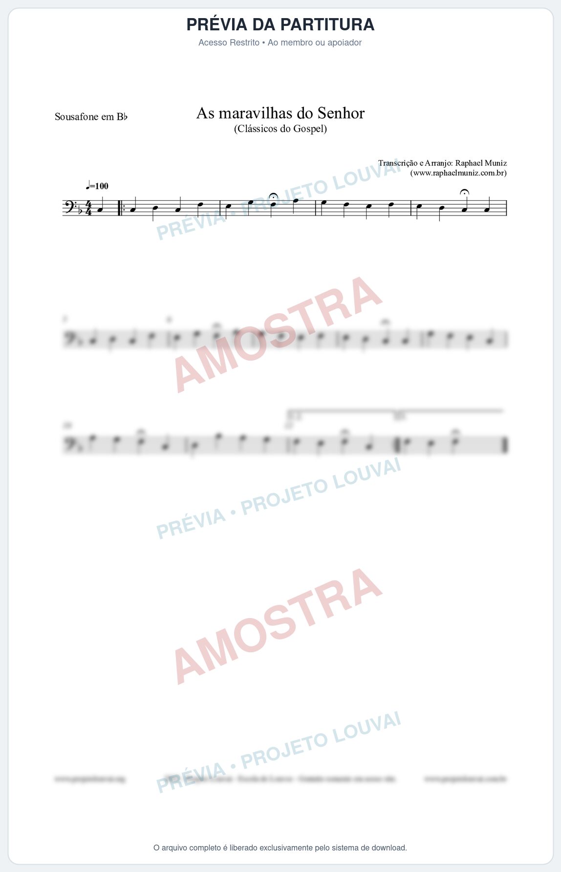 Prévia protegida da primeira página da partitura Partitura para Sousafone em Bb - As maravilhas do Senhor - Salmos e Hinos nº213 - Clássicos do Gospel