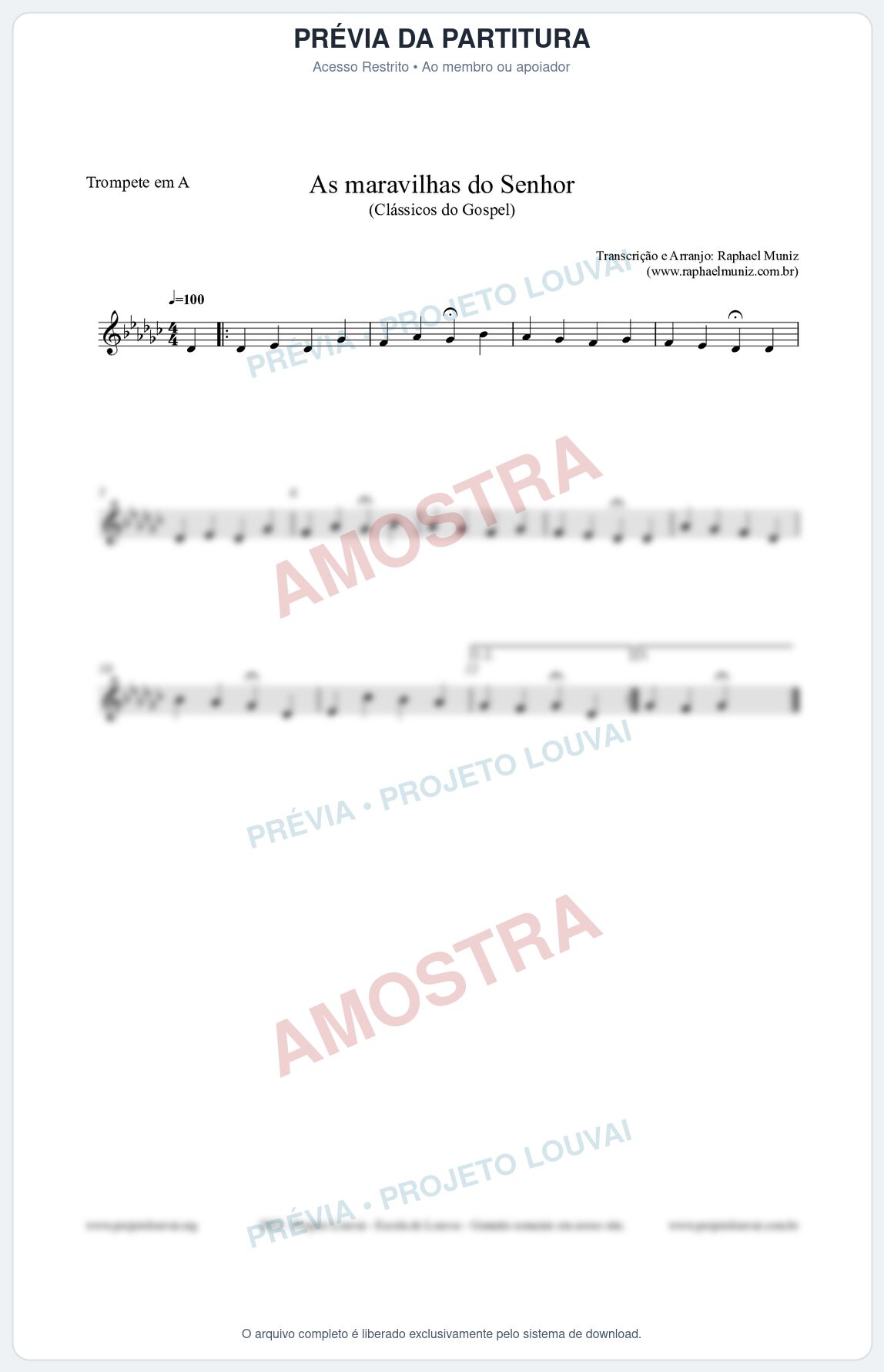 Prévia protegida da primeira página da partitura Partitura para Trompete em A - As maravilhas do Senhor - Salmos e Hinos nº213 - Clássicos do Gospel