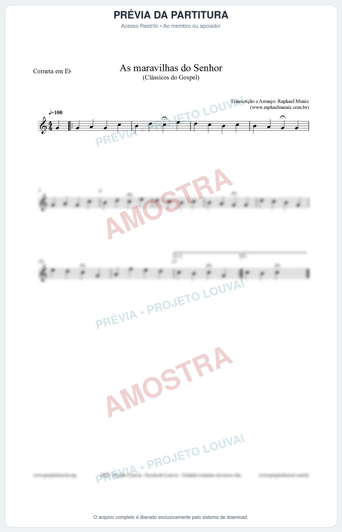 Prévia protegida da primeira página da partitura Partitura para Corneta em Eb - As maravilhas do Senhor - Salmos e Hinos nº213 - Clássicos do Gospel