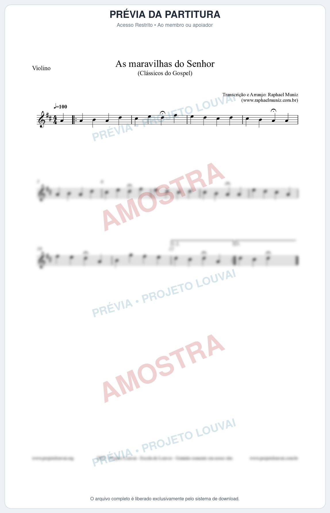 Prévia protegida da primeira página da partitura Partitura para Violino - As maravilhas do Senhor - Salmos e Hinos nº213 - Clássicos do Gospel