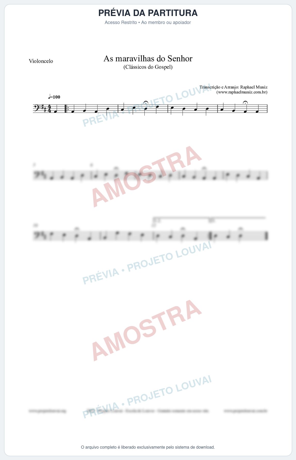 Prévia protegida da primeira página da partitura Partitura para Violoncelo - As maravilhas do Senhor - Salmos e Hinos nº213 - Clássicos do Gospel
