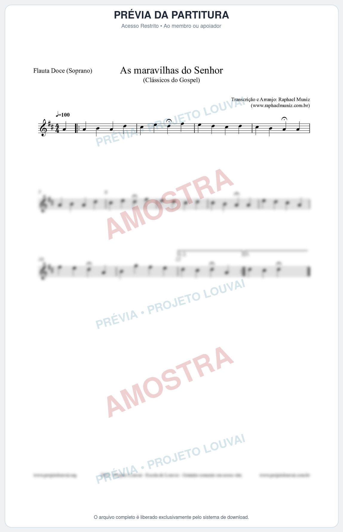 Prévia protegida da primeira página da partitura Partitura para Flauta Doce (Soprano) - As maravilhas do Senhor - Salmos e Hinos nº213 - Clássicos do Gospel