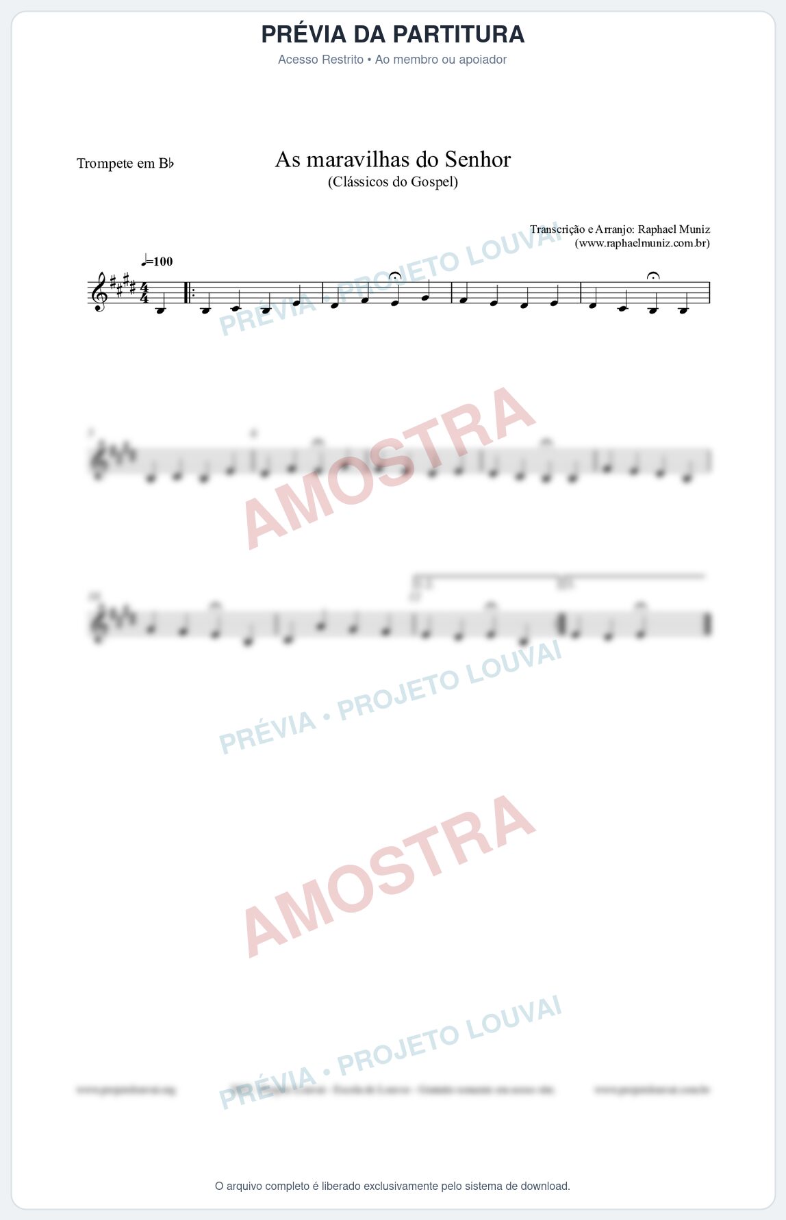Prévia protegida da primeira página da partitura Partitura para Trompete em Bb - As maravilhas do Senhor - Salmos e Hinos nº213 - Clássicos do Gospel