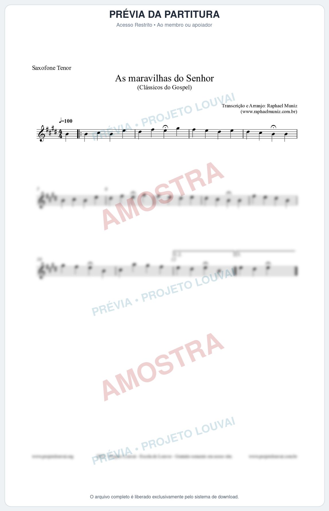 Prévia protegida da primeira página da partitura Partitura para Saxofone Tenor - As maravilhas do Senhor - Salmos e Hinos nº213 - Clássicos do Gospel