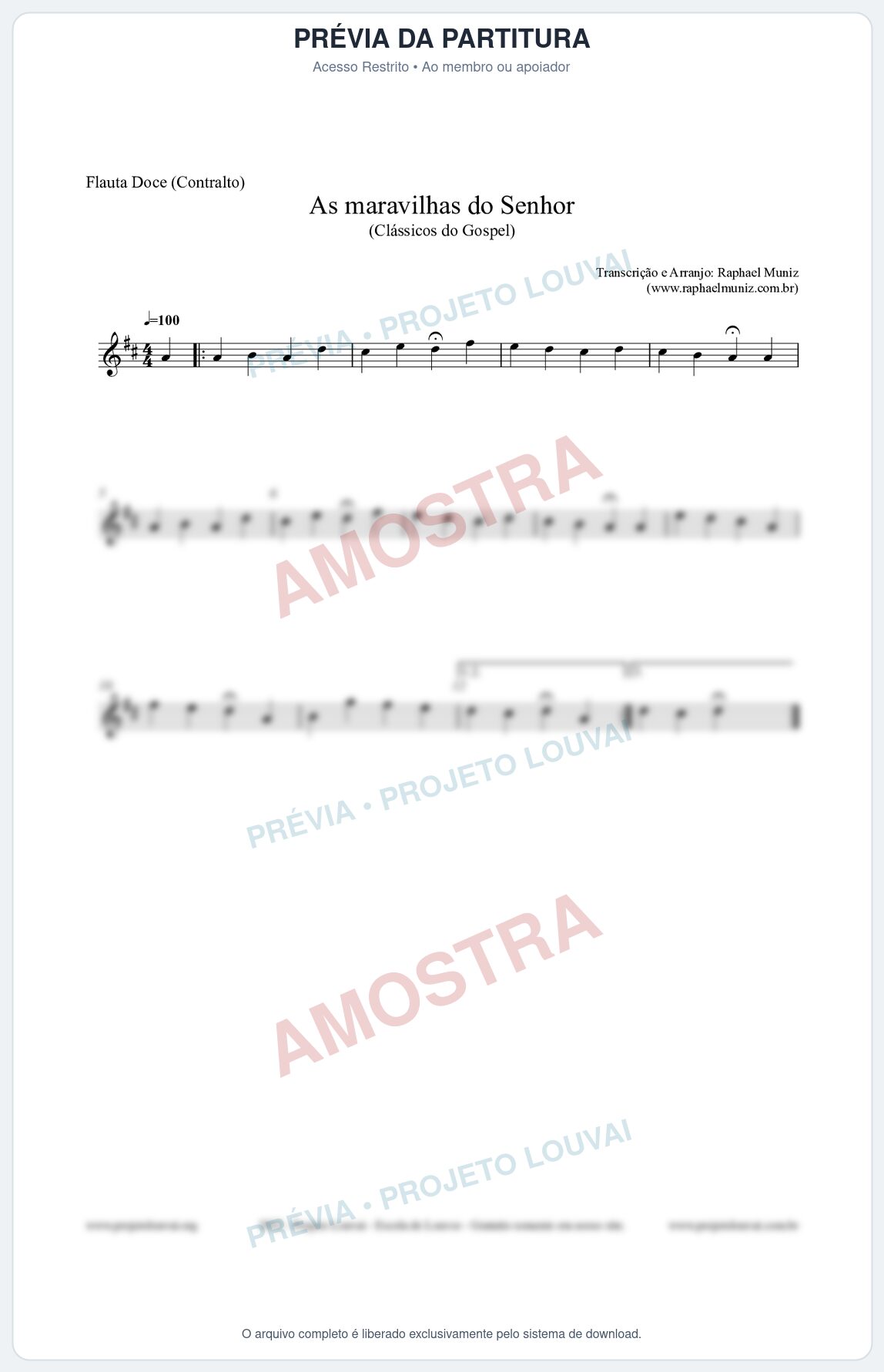 Prévia protegida da primeira página da partitura Partitura para Flauta Doce (Contralto) - As maravilhas do Senhor - Salmos e Hinos nº213 - Clássicos do Gospel