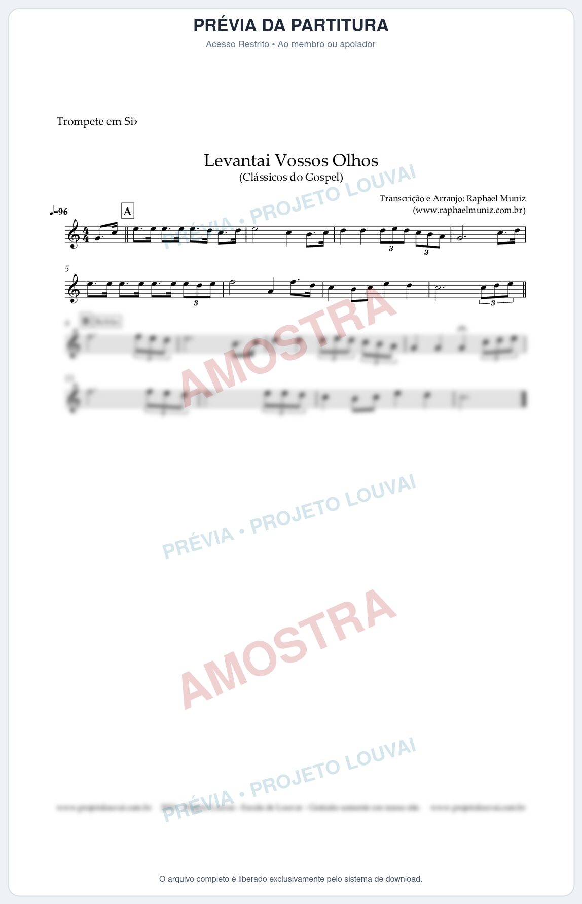 Prévia protegida da primeira página da partitura Partitura para Trompete em Bb - Levantai Vossos Olhos - Harpa Cristã nº 323 - Clássicos do Gospel
